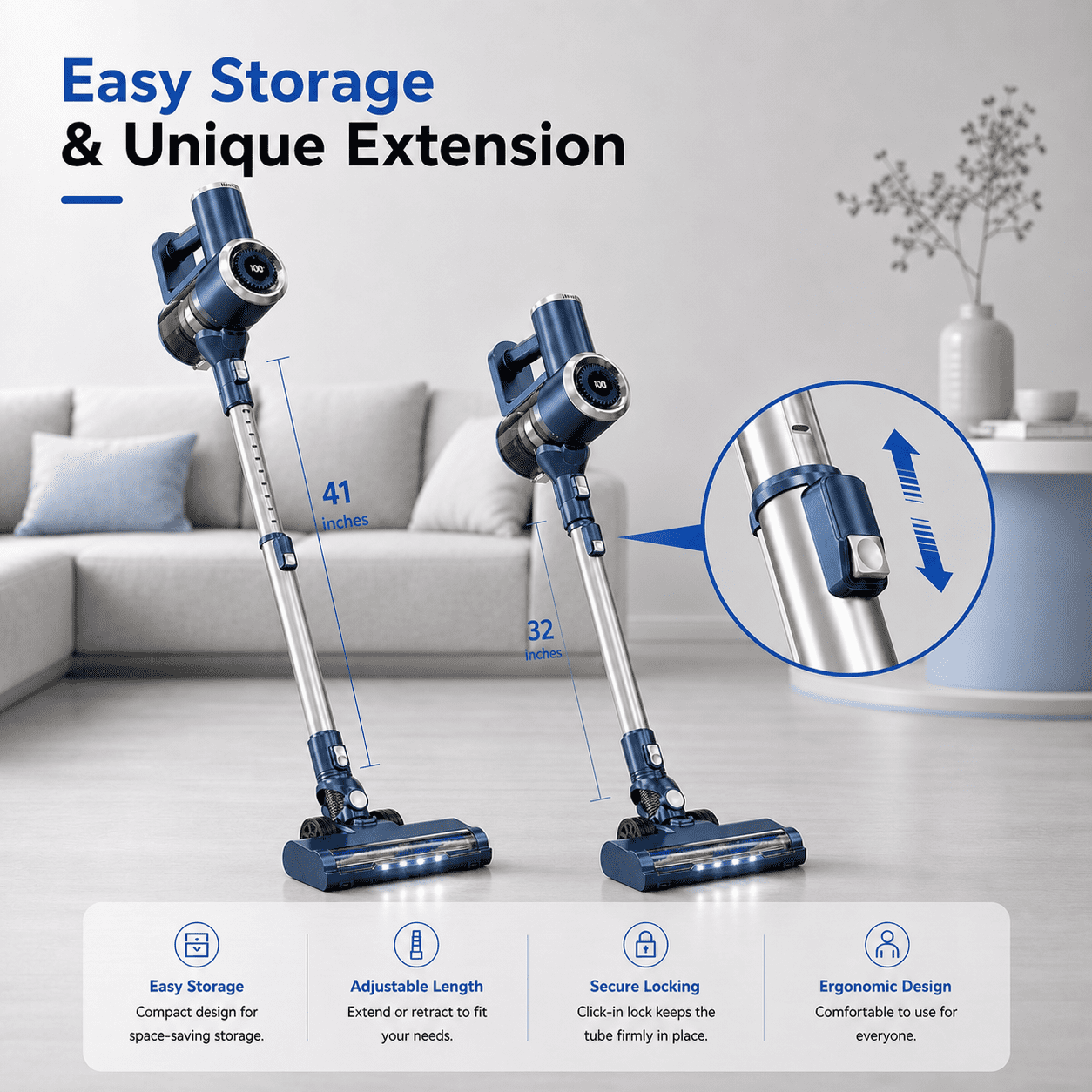 PrettyCare Cordless Stick Vacuum Cleaner, 6-in-1 Lightweight Upright for Carpet and Hard Floor (Blue, 1.3L Dust Cup) 6ctnz