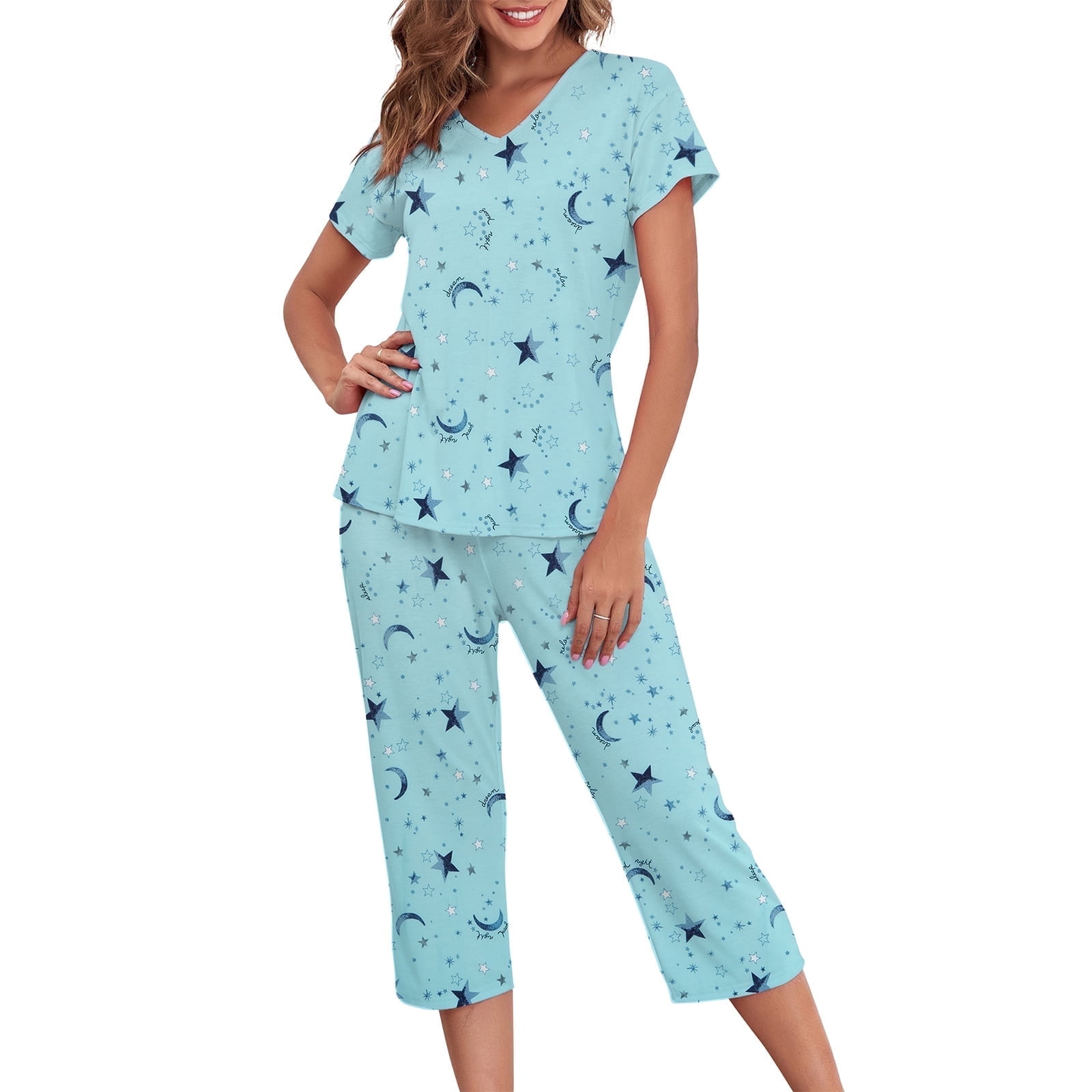 Zando Womens 2 Piece Pajama Set Soft Cotton Summer Sleepwear (Green Star, XL) u9qfp