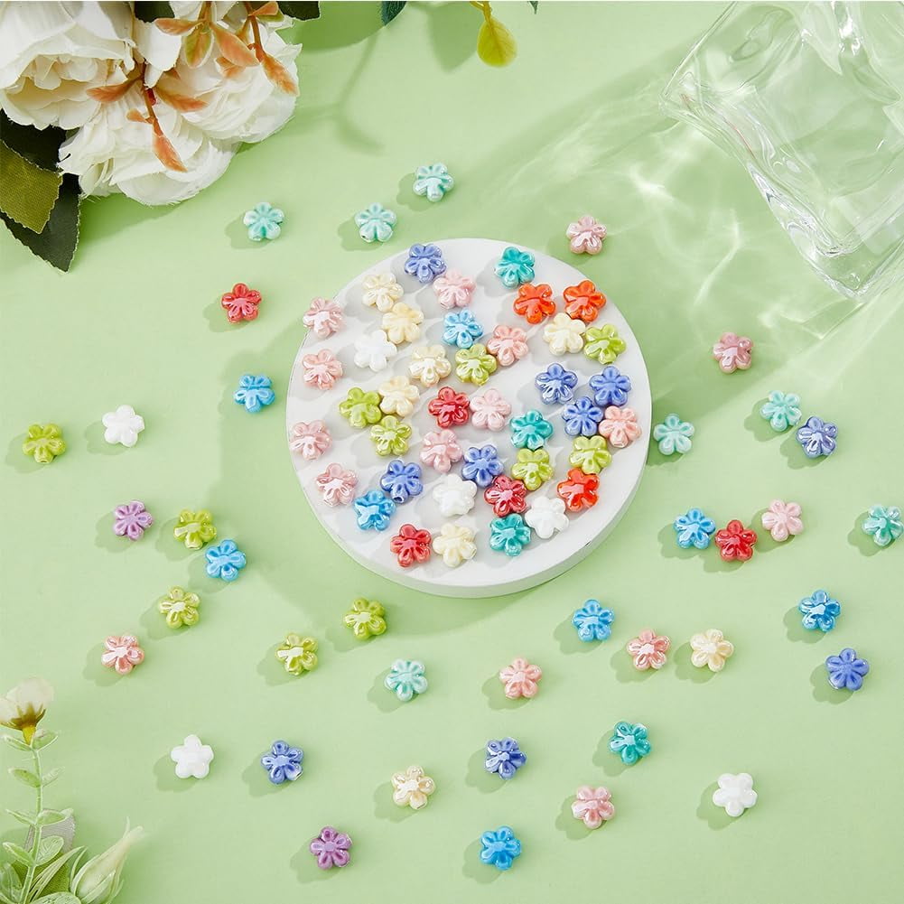 Hobbspring Ceramic Flower Beads for Jewelry Making, Handmade Porcelain Spacer Beads (Multicolor, 90 Pieces) vvdrj