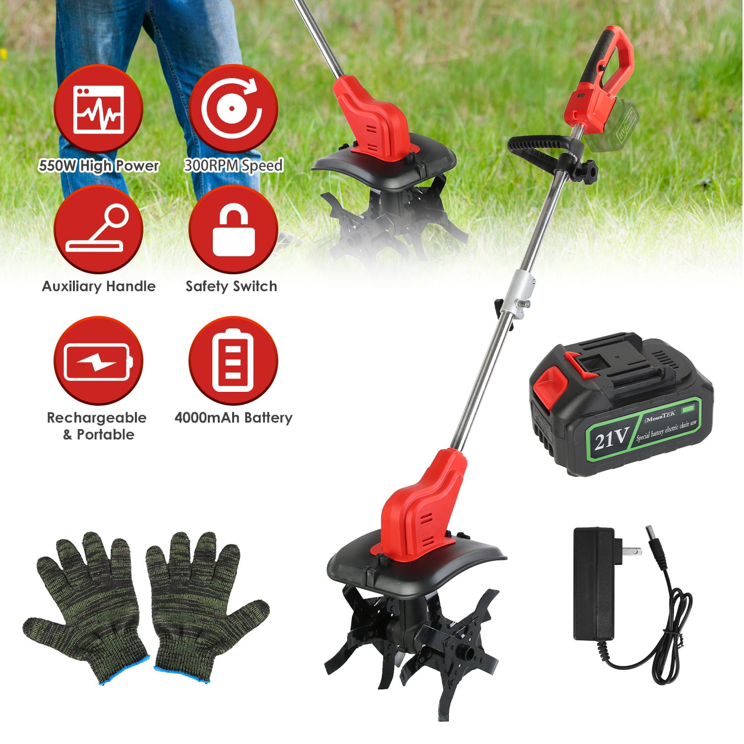 Moclever Electric Garden Tiller, Cordless Cultivator with 16 Steel Tines, 9-in Tilling Width & Depth (Black & Red, 11.02 lb) 9lg2x