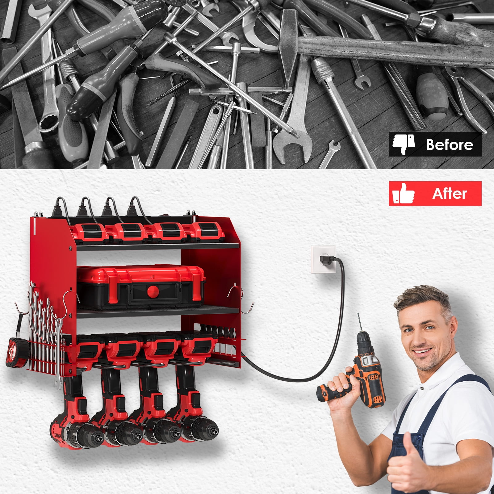 TLGREEN Power Tool Organizer Wall Mount with Charging Station (Red, 16.3 in x 9.1 in x 12 in) jslkt