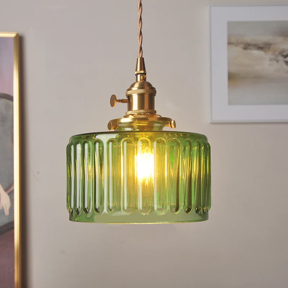 Arturesthome Vintage Glass Pendant Light, Wavy Cylinder Hanging Lamp for Kitchen Island (Green, 8 in) 4xqx1