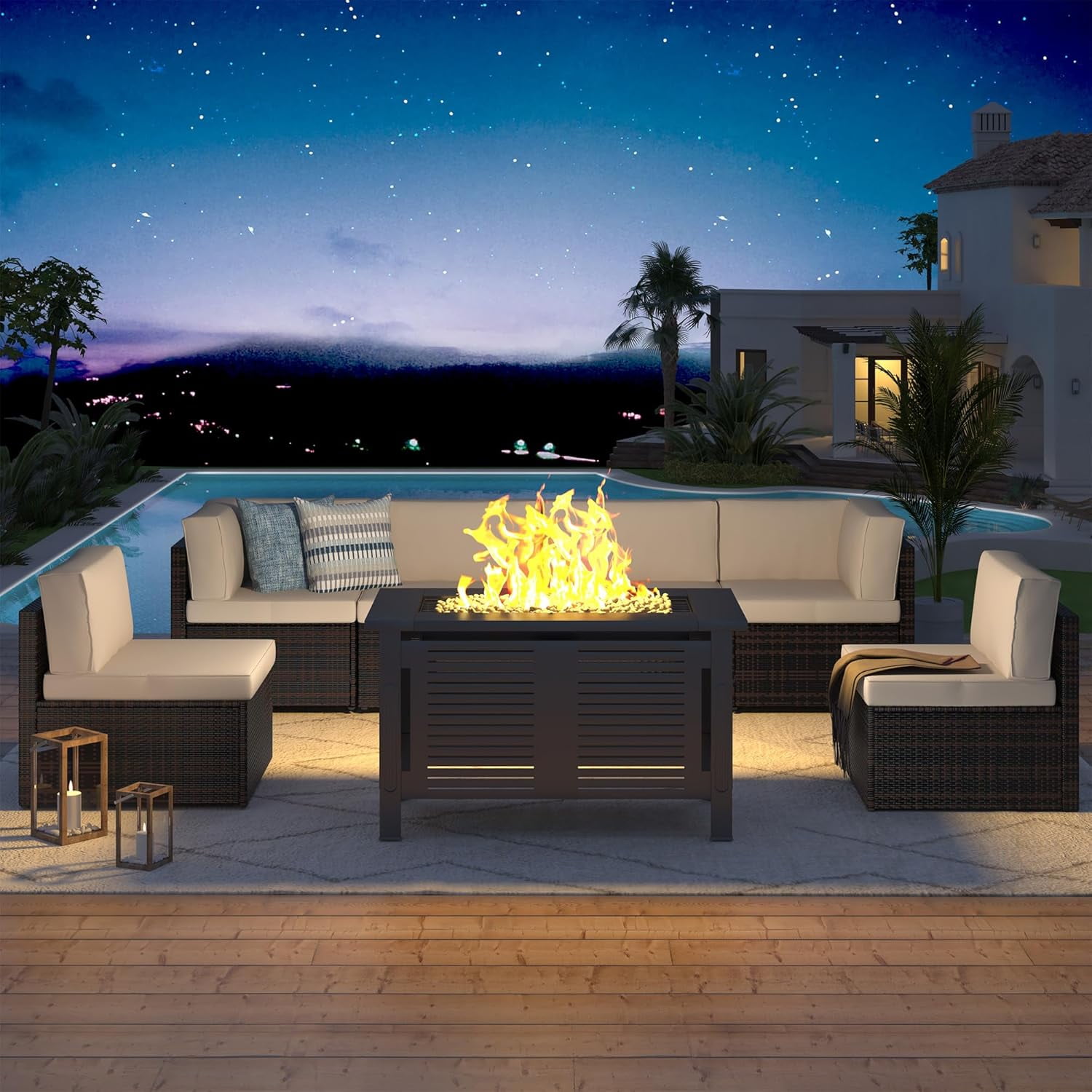 YODOLLA 7-Piece Outdoor Patio Furniture Set with 43 in Fire Pit Table, Rattan Wicker Sectional Sofa Conversation Set (Brown and Beige, 110 in x 54.75 in) 7a43n