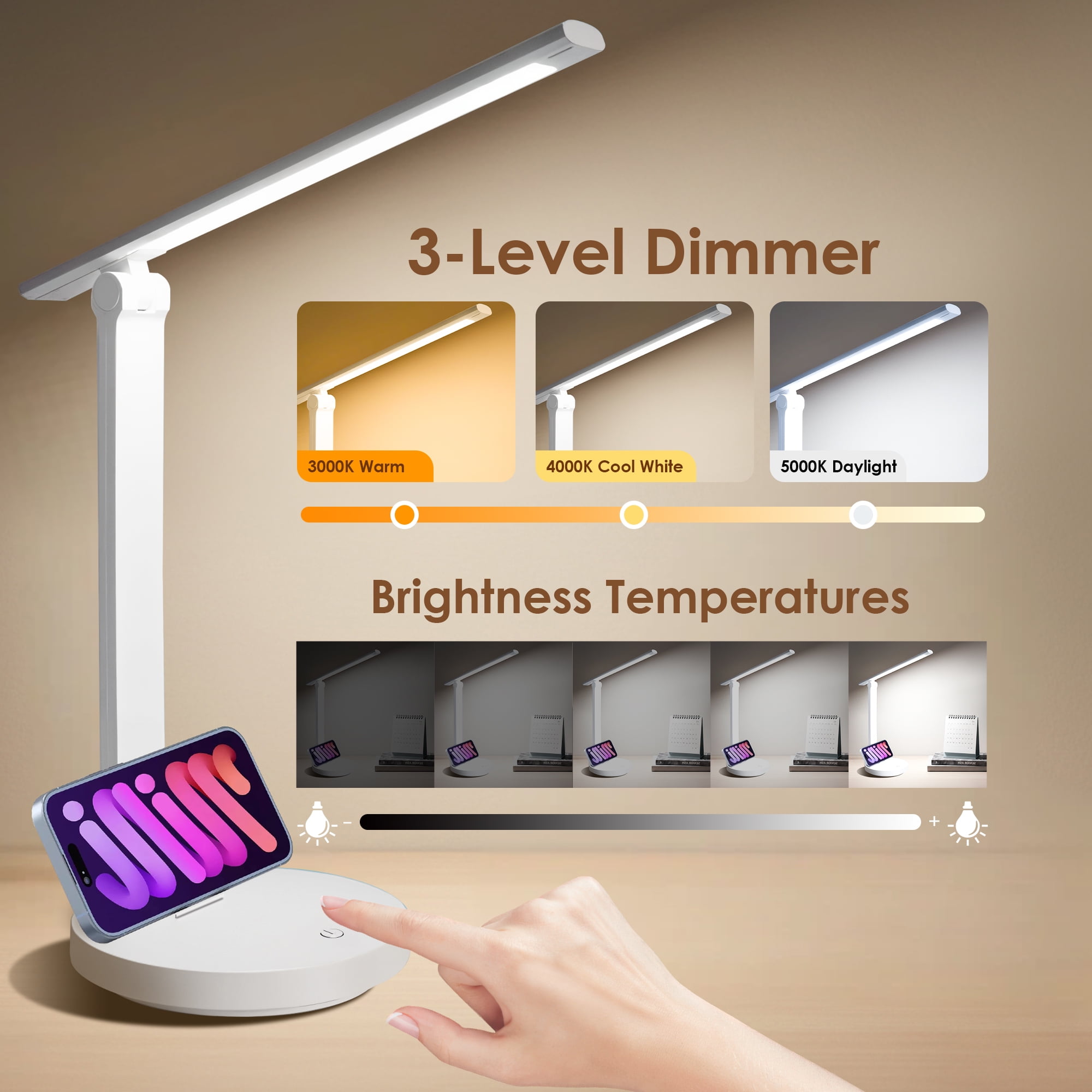 Volivo Rechargeable LED Desk Lamp, Eye-Care Dimmable Office Light with Phone Holder (White, 9.85 in Head) kn8w8