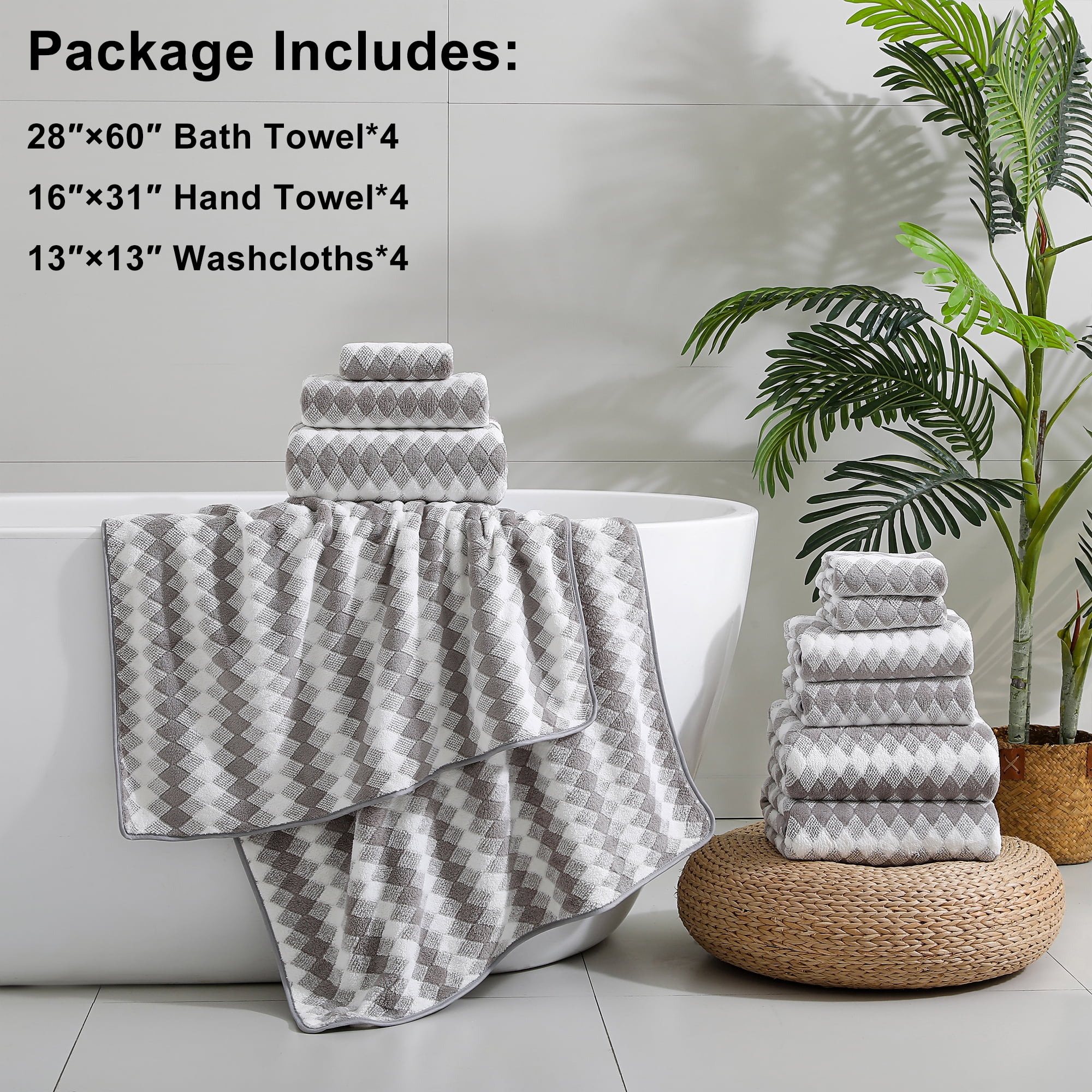 Jessy Home 12-Piece Plush Bath Towel Set, Highly Absorbent Hotel Quality Bathroom Linens (Light Gray, 12-Piece Set) 123yi