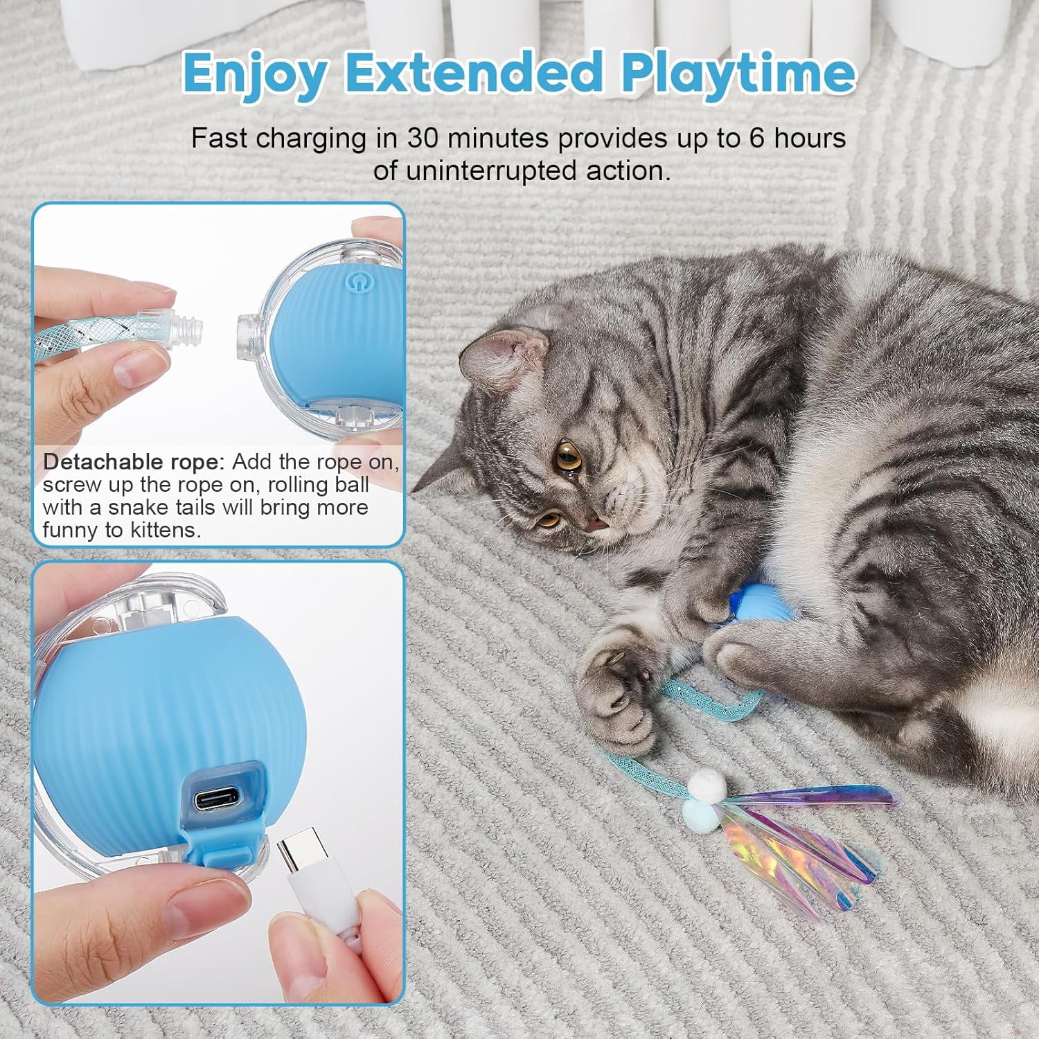 OEIKPFN Interactive Cat Toy Ball, Rechargeable Motion-Activated Pet Exercise Toy with Tail (Blue) 5oa0q