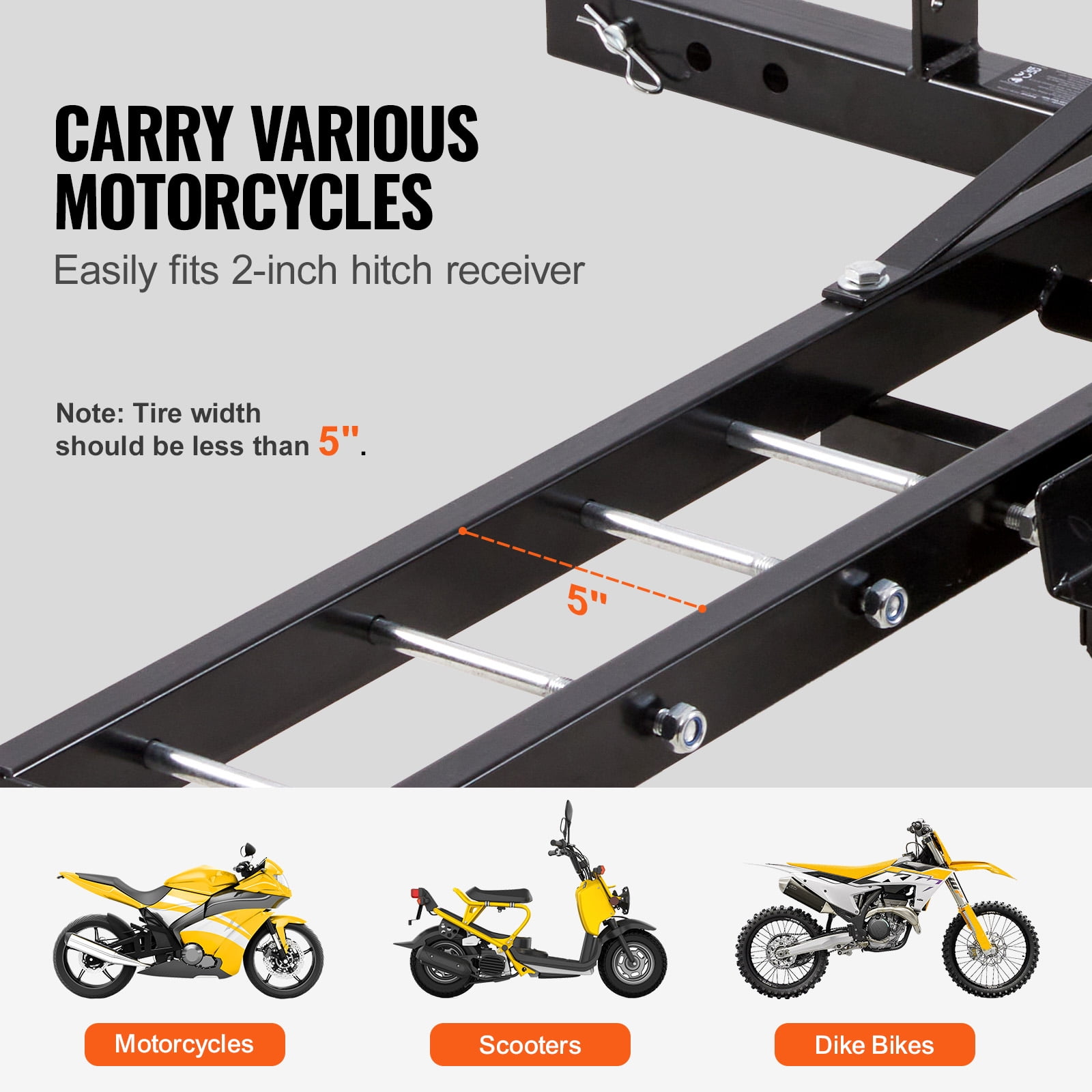 KFFKFF Steel Motorcycle Hitch Carrier, Heavy-Duty Transport Rack with Loading Ramp, Tie-Down Straps & Stabilizer (600 lb Capacity, 2 in Hitch Receiver) 5k3ry