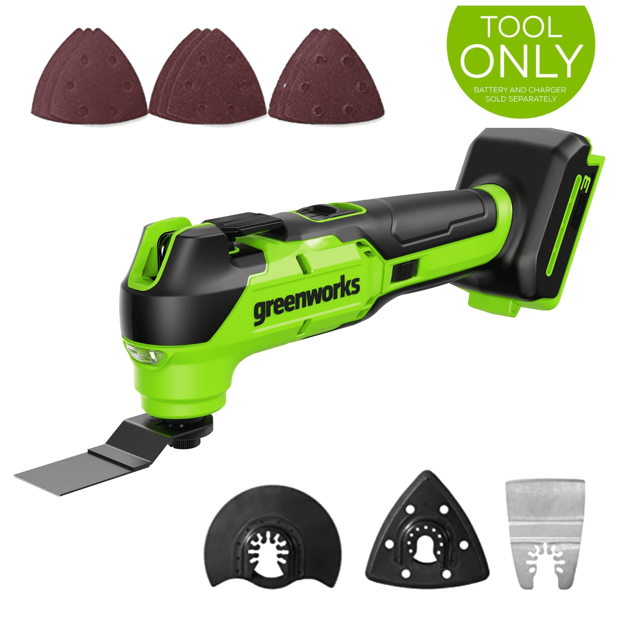 Greenworks 24V Brushless Cordless Oscillating Multi-Tool with Woodcutting Blades and Sanding Pad (Tool Only) ya4cl