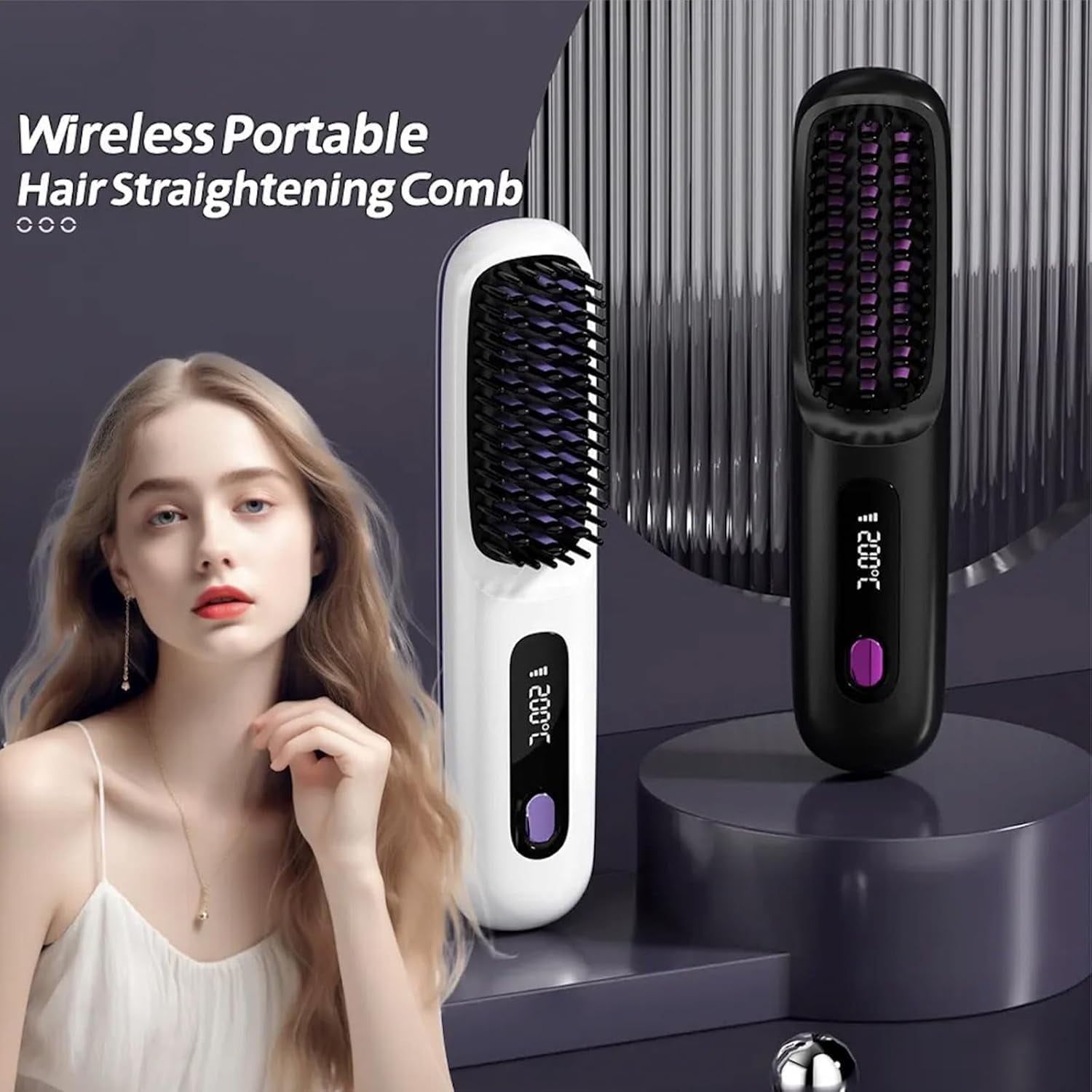 Generic Cordless Hair Straightener Brush, Portable Ceramic Hot Comb with LCD Display (Black, 1 Count) u3yae