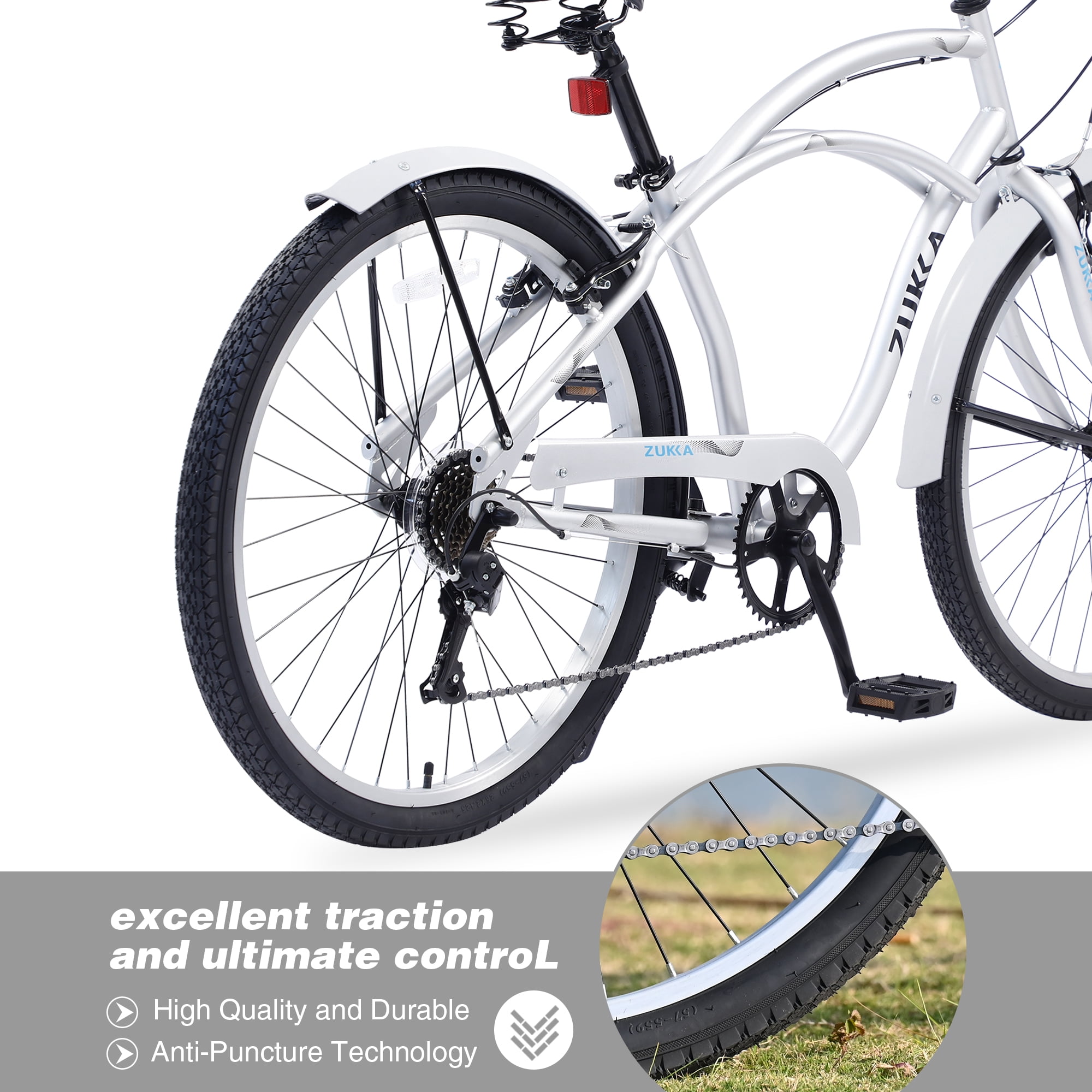 TheEshow Men's Beach Cruiser Bike, 7-Speed Commuter Bicycle, Durable Steel Frame (Silver, 26 in) hagv7