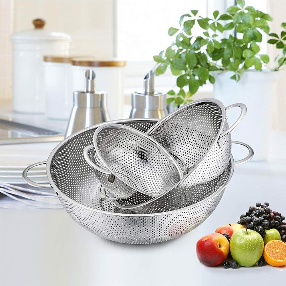VeSteel Stainless Steel Micro-Perforated Colander Set (Silver, 3-Piece Set: 1 qt, 3 qt, 5 qt) yn50k