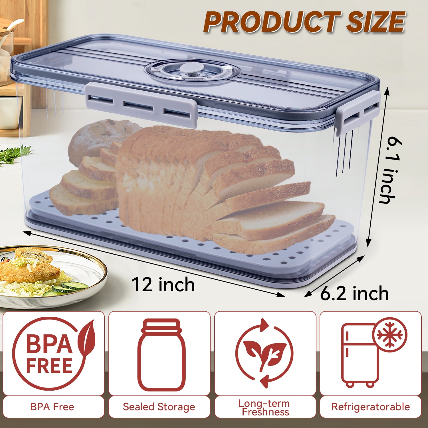 JUNLIN Airtight Bread Box with Time Recording Lid, Kitchen Countertop Food Storage Container (Gray, 12.6 in x 6.7 in x 5.9 in) iqi3r