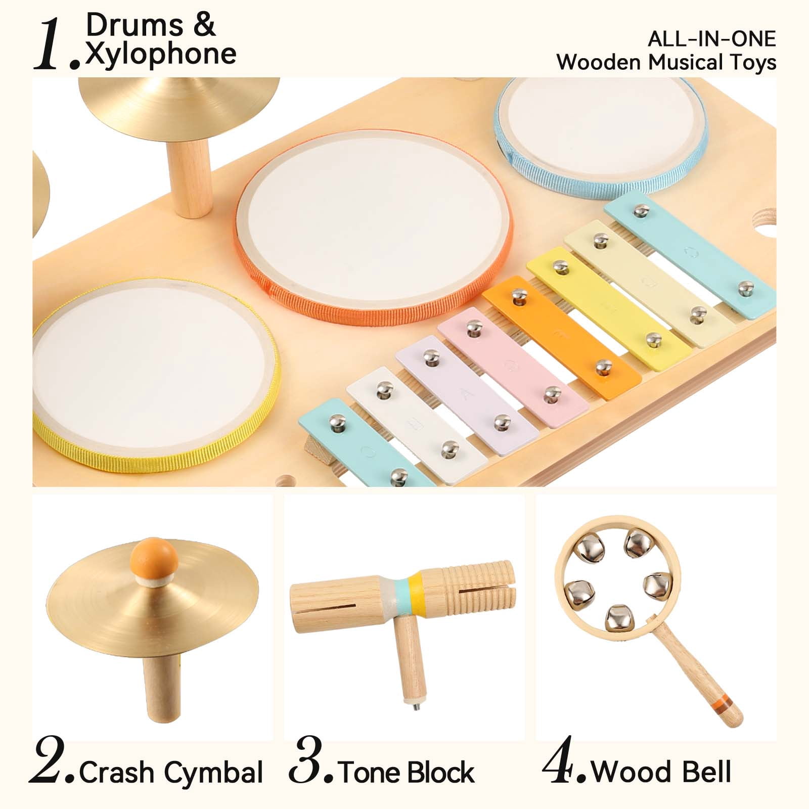 OATHX Kids Drum Set, Montessori Musical Instruments for Toddlers, Wooden Percussion Toy Kit (Multicolor, 10-Piece Set) jcjin
