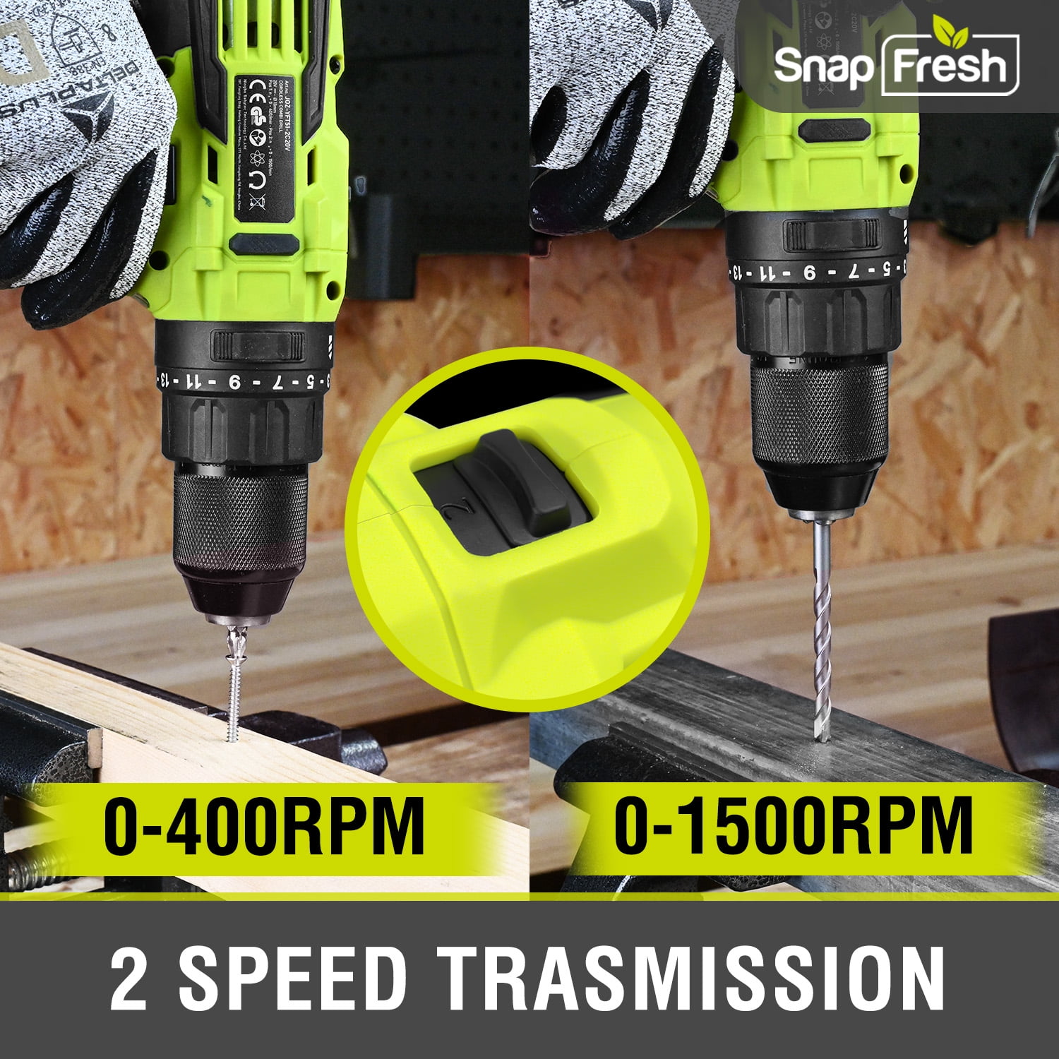 SnapFresh 20V Cordless Hammer Drill Set with 1/2-inch Metal Chuck, 445 In-Lbs Torque, 21+1 Settings (Green, 2.0Ah Battery) ob9rm