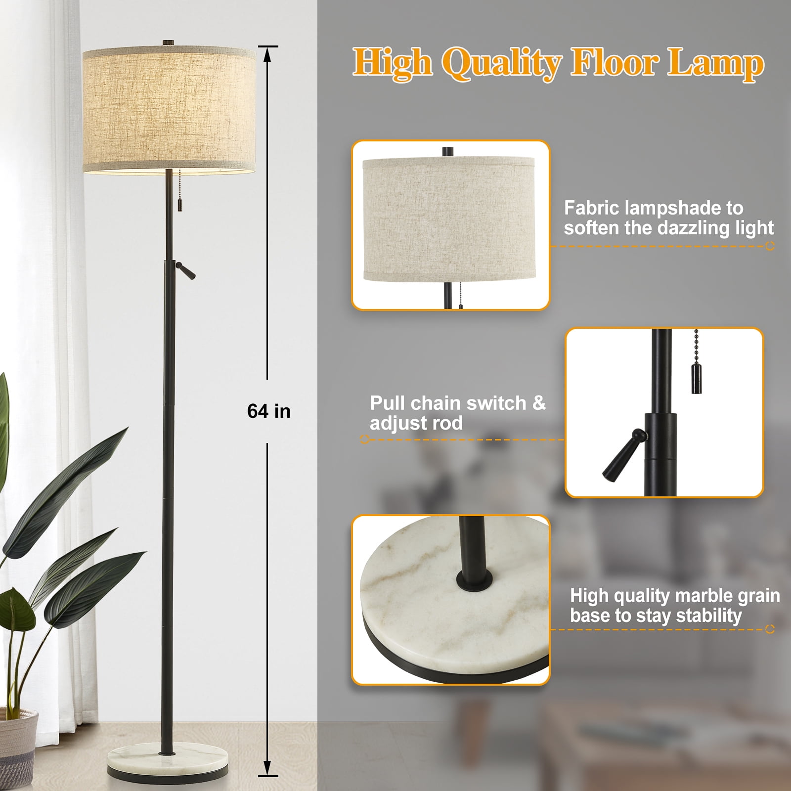 NATYSWAN Modern Marble Floor Lamp, Adjustable Height Standing Lamp with Pull Chain Switch (Black, 64 in) fhr71