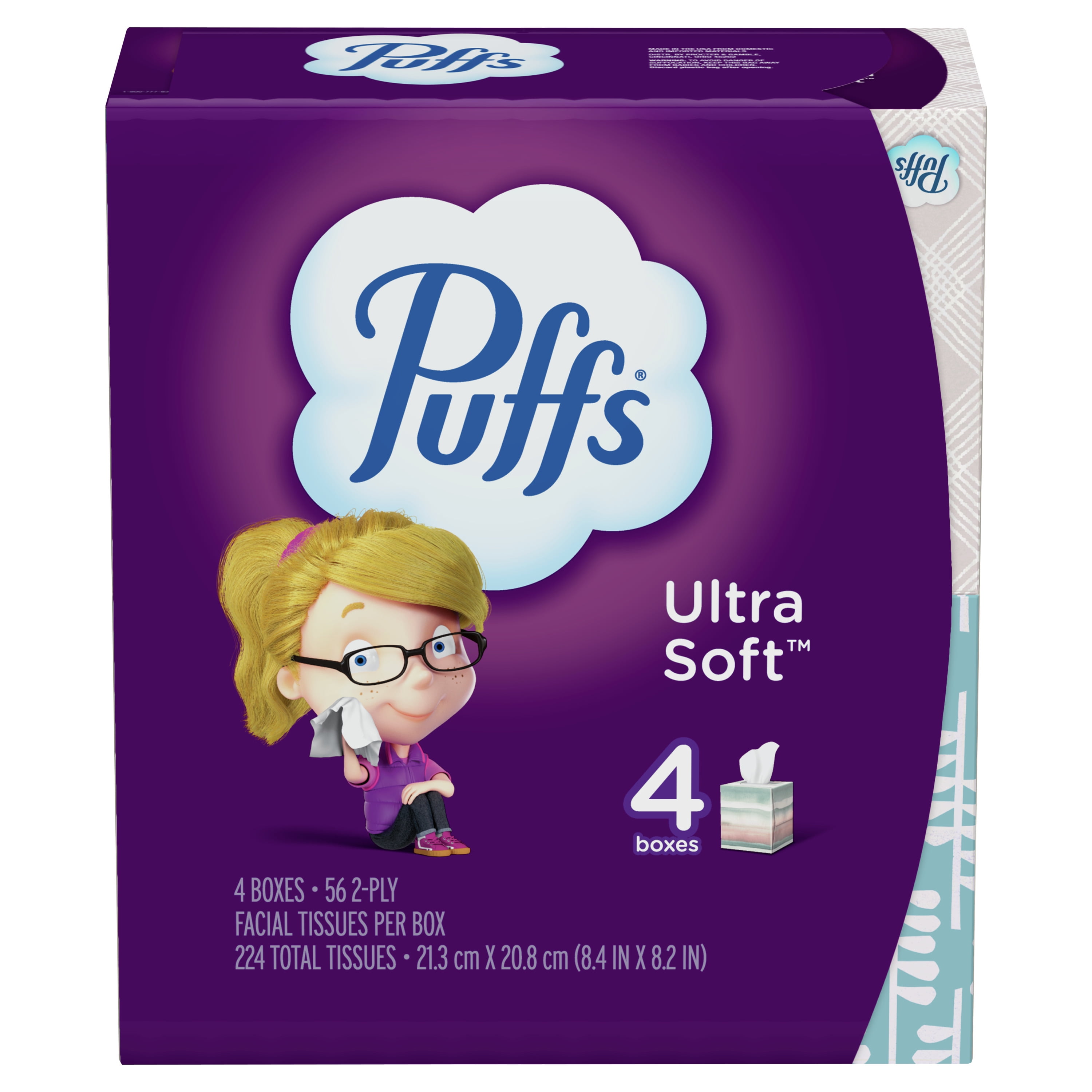 Puffs Ultra Soft Facial Tissues, Gentle Cushion-Soft Thickness (White, 4 Count, 224 Total Tissues) 5uzs6