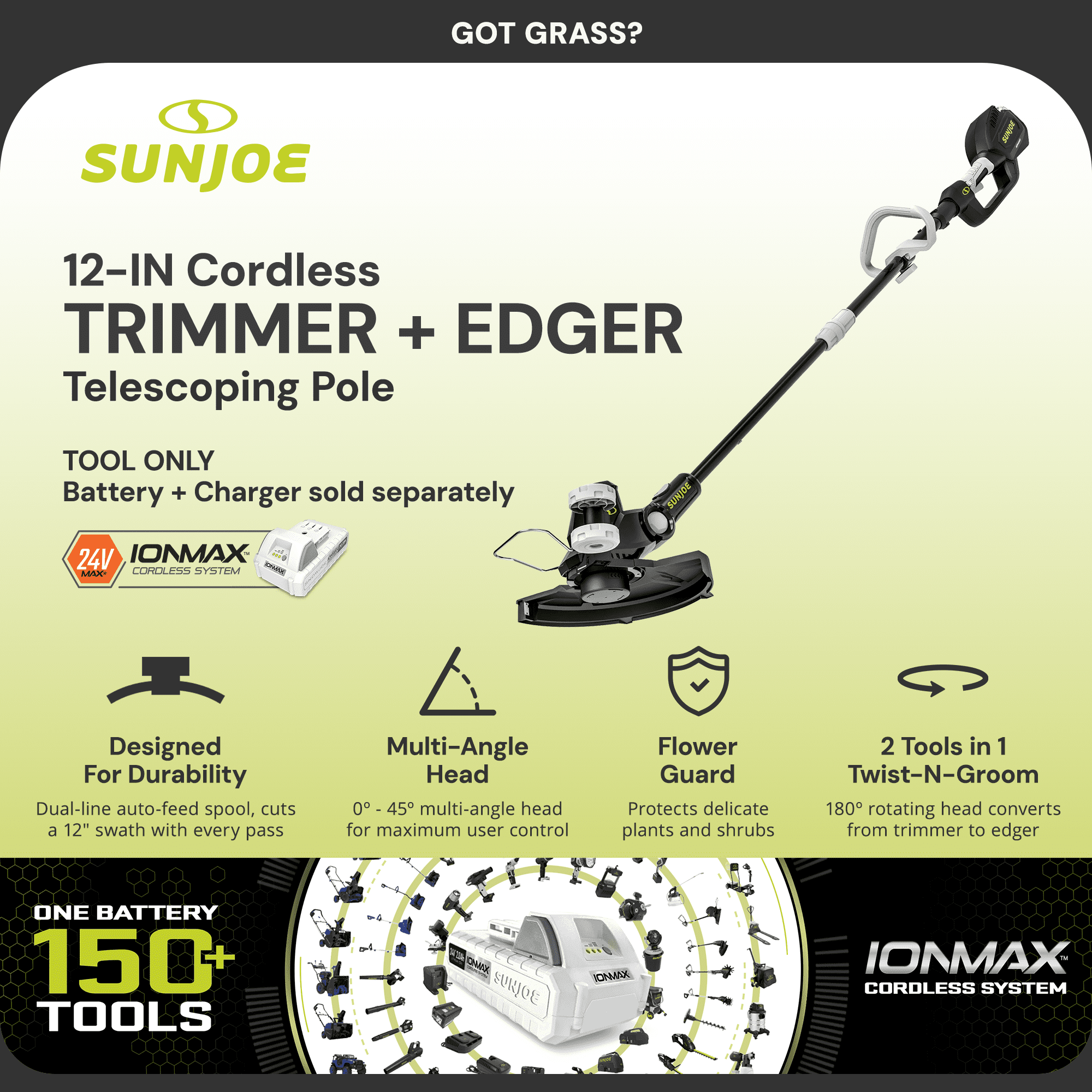 Sun Joe 24V Cordless String Trimmer and Edger, 12 in Cutting Swath, Multi-Angle Head (Green, 12 in) dgjr7