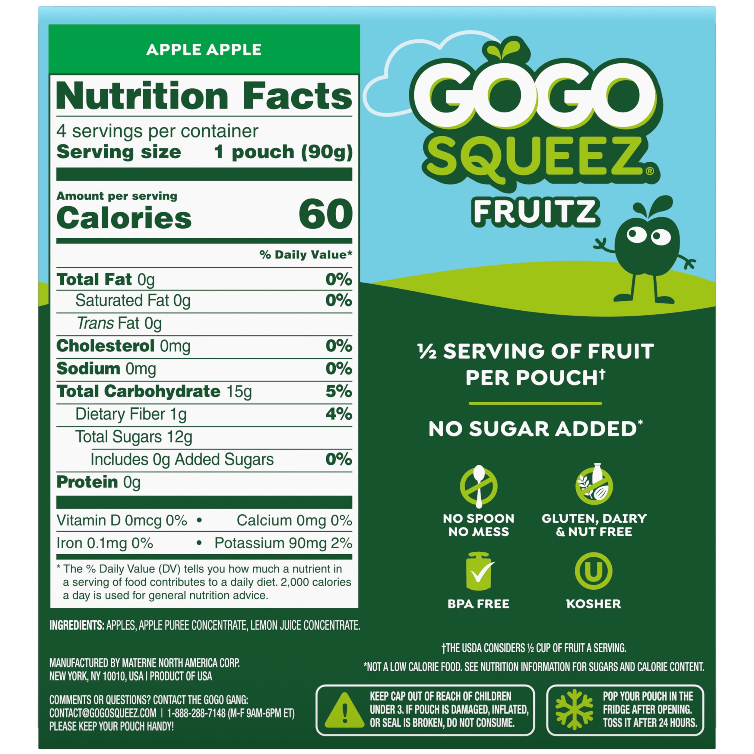 GoGo squeeZ Fruit Puree Applesauce Pouches, No Sugar Added, Healthy Snack (Apple, 4 Pack, 3.2 oz) x6263