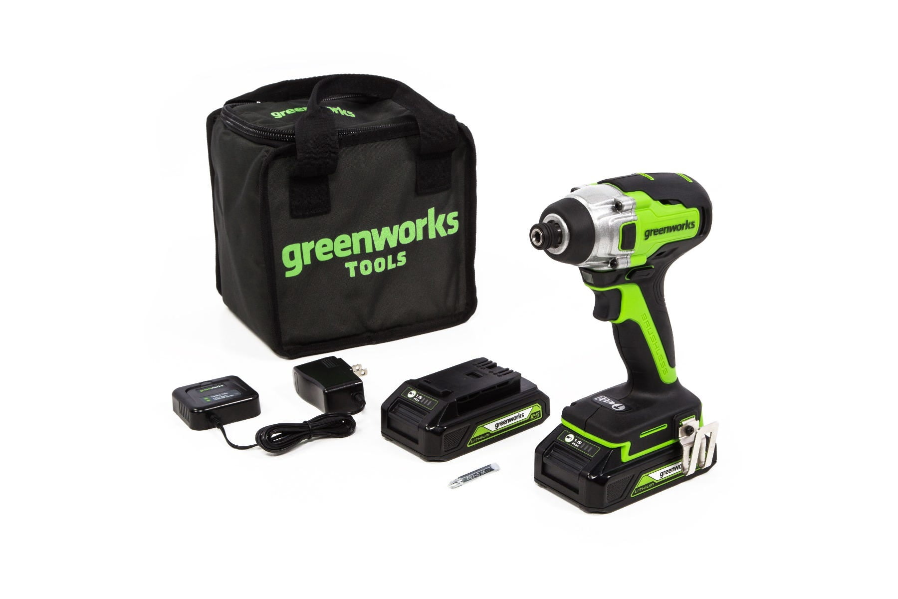 Greenworks 24V Brushless Cordless 1/4 in Impact Driver Set (Green, 2 Batteries & Charger) ton4l