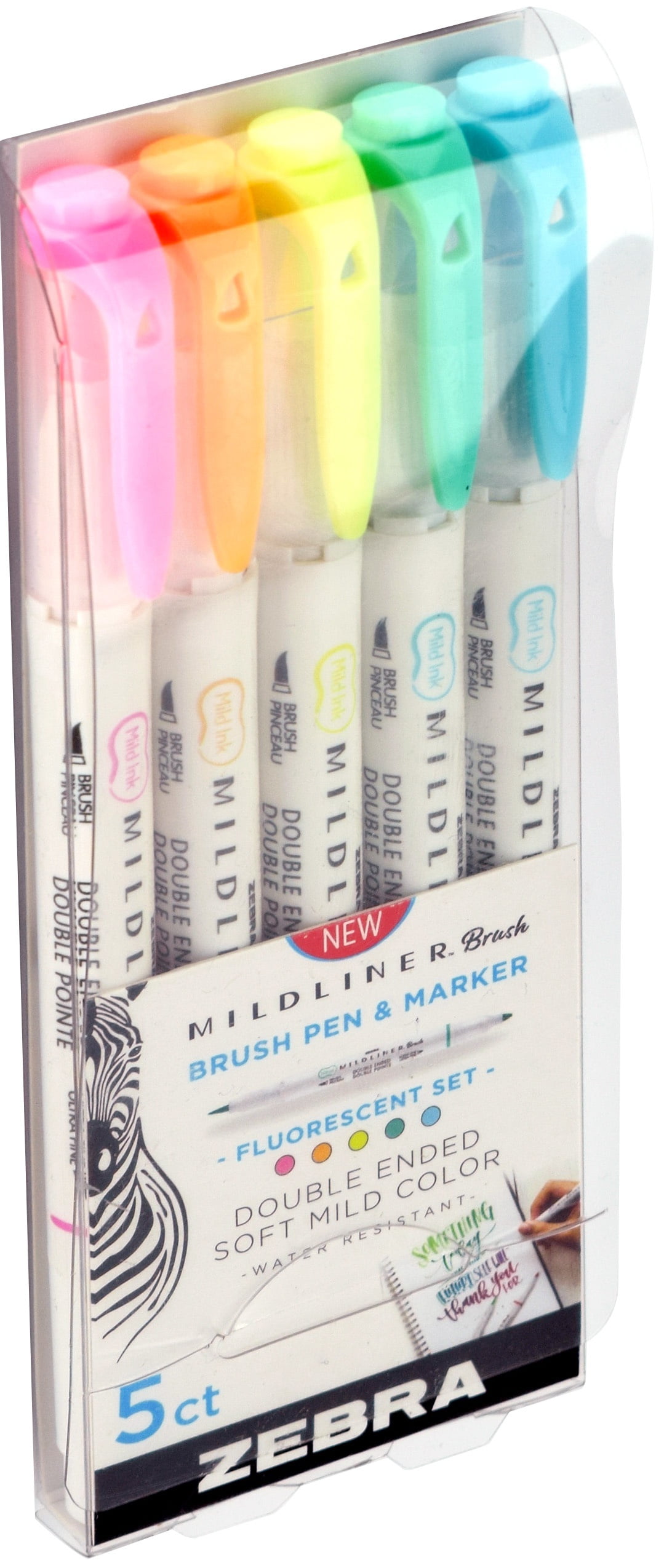 Zebra Mildliner Double-Ended Brush Pen Set, Fluorescent Highlighters, Creative Journaling Markers (Green, 5-Pack) um777