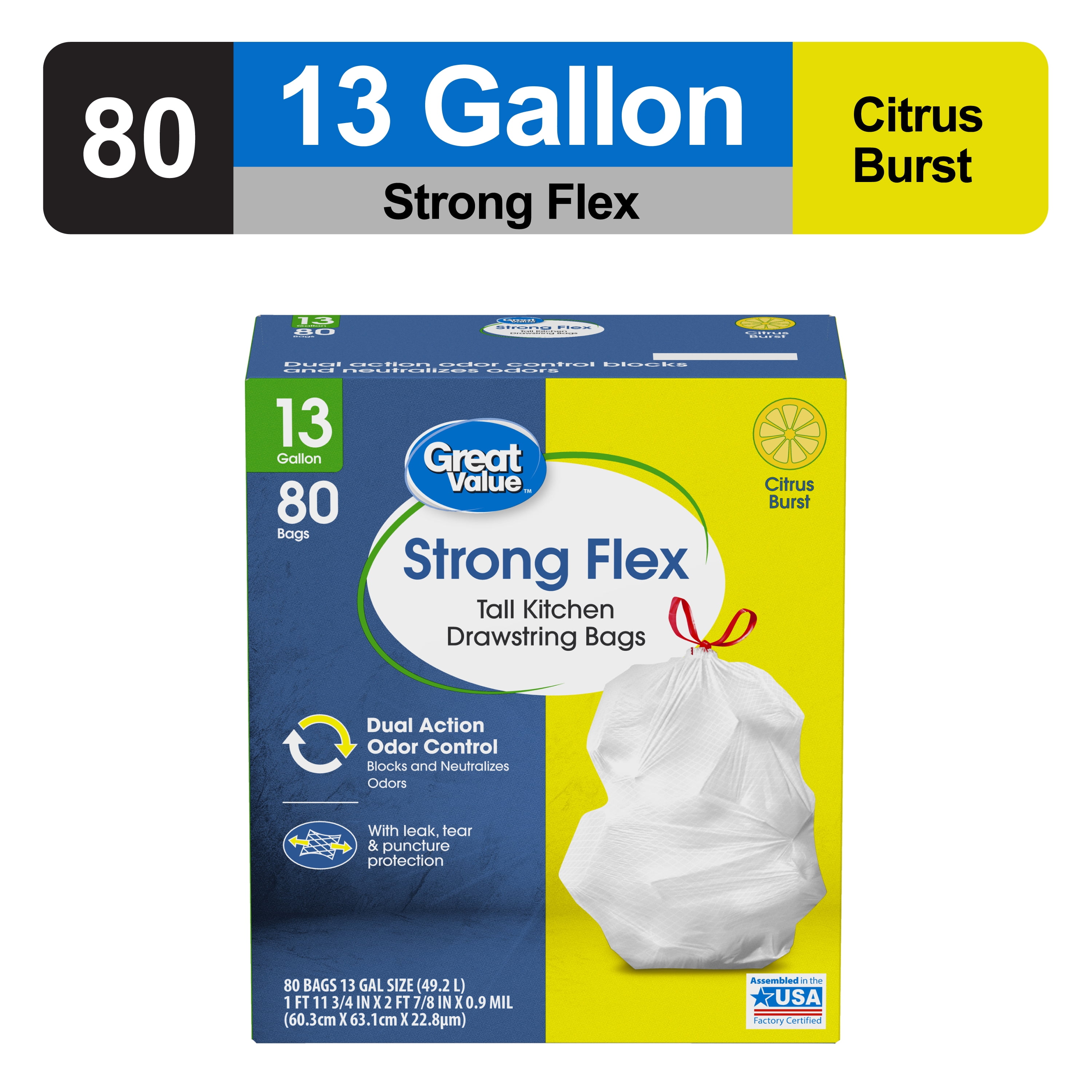 Great Value Strong Flex Tall Kitchen Trash Bags, Citrus Burst Scented Drawstring (13 Gallon, 80 Count) uu7wq