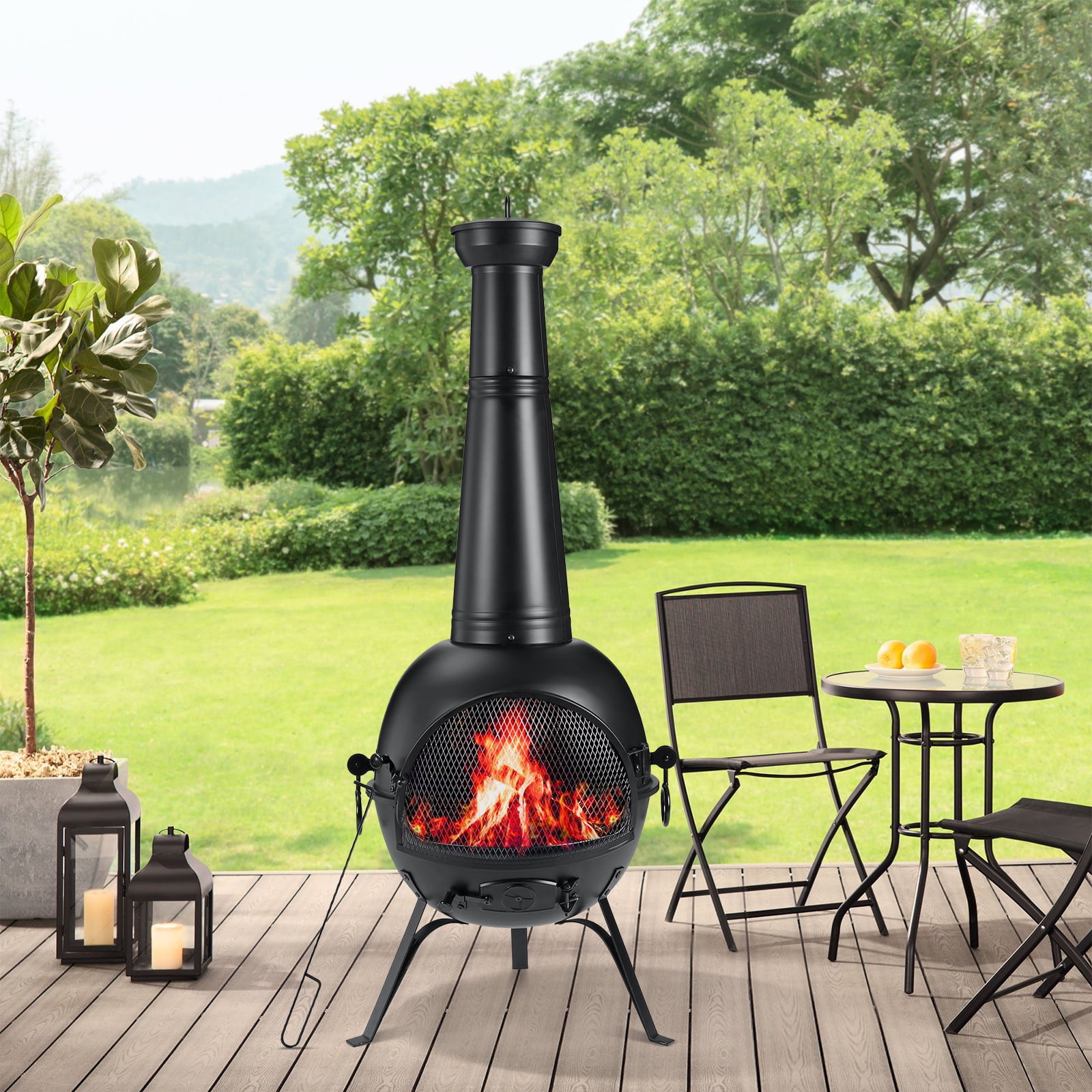 SinglyFire Outdoor Wood Burning Chiminea Fire Pit with Rain Cover and Mesh Door (Black, 54.5 in) x97fi