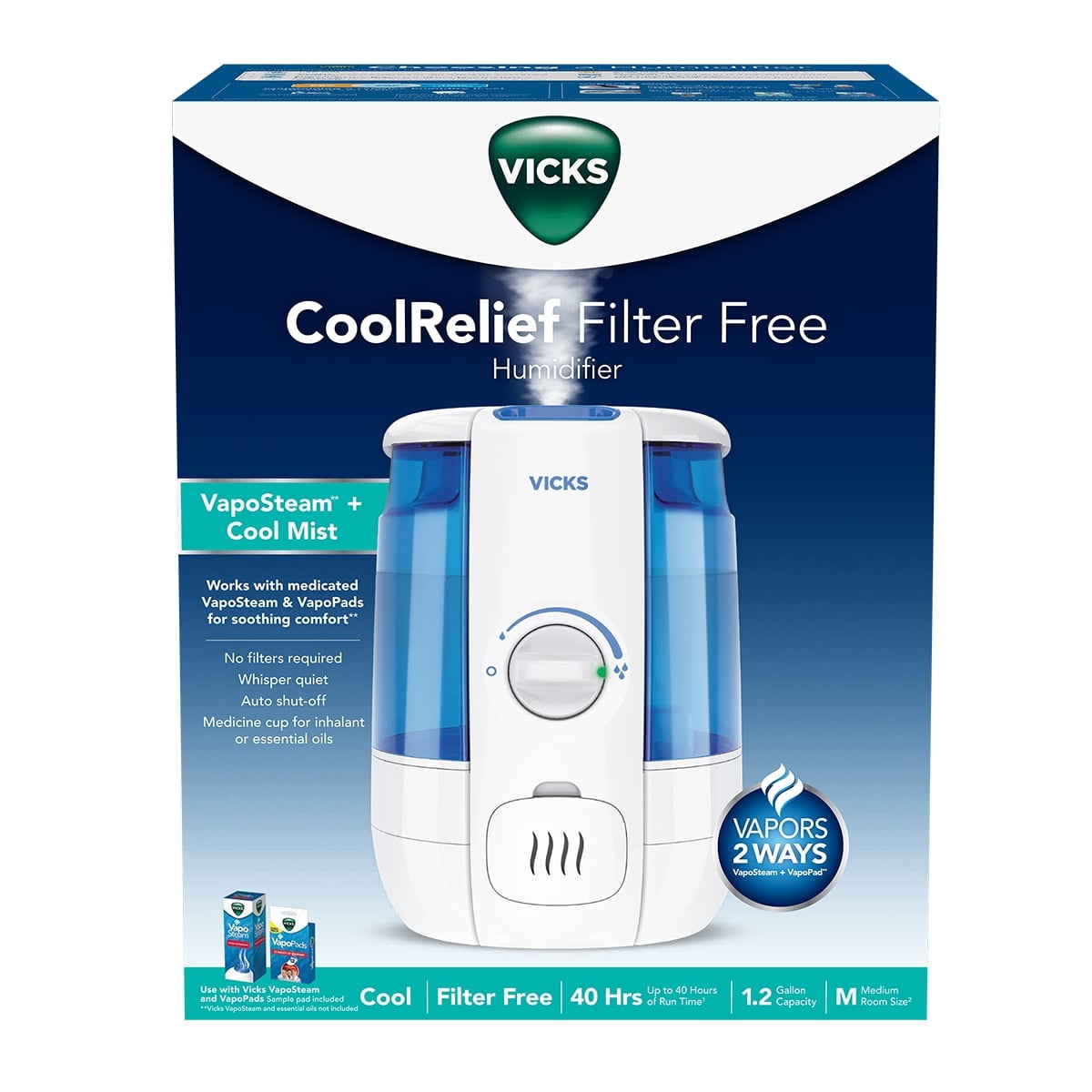 Vicks Cool Relief Ultrasonic Humidifier, Filter-Free Quiet Operation for Bedroom (White, 1.2 gal) v4wzq