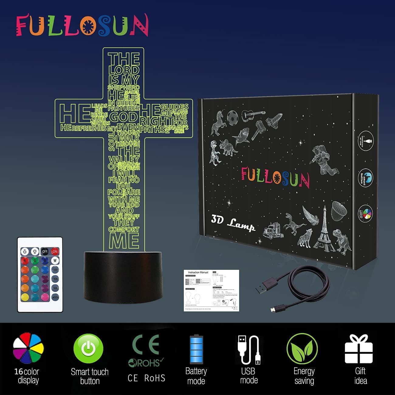 Ysitian Jesus Cross 3D Night Light, LED Optical Illusion Lamp with Remote Control (16 Colors, 8 in) wkyj6