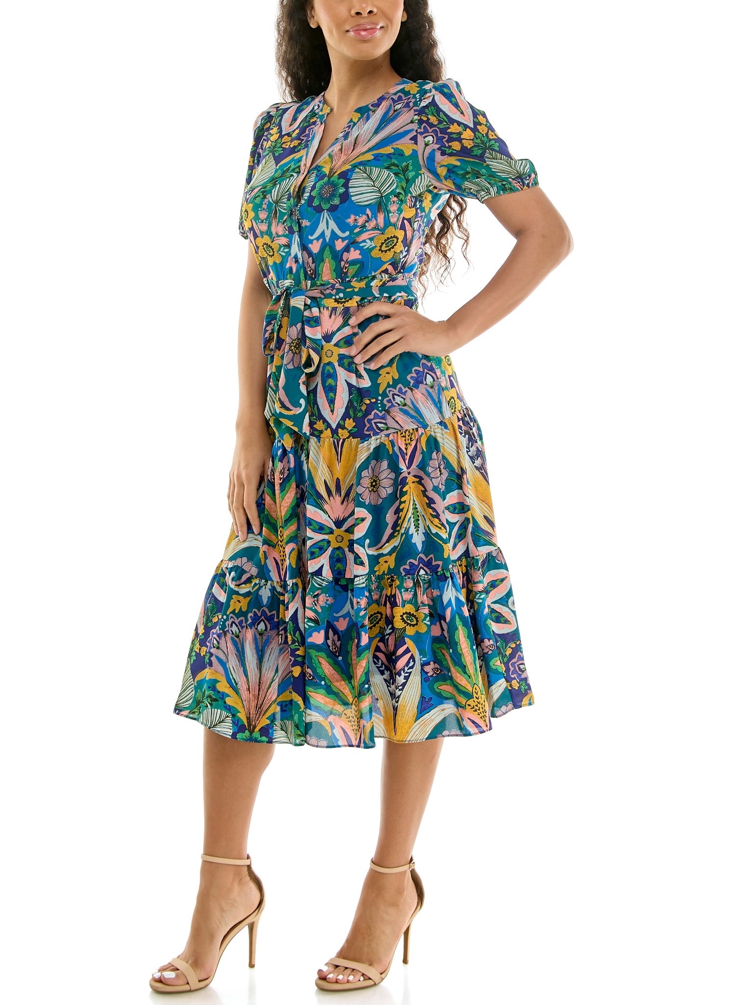 Nanette Lepore Womens Tie Waist Shirtdress Elegant Tiered Hem (Blue, L) 2f0lk