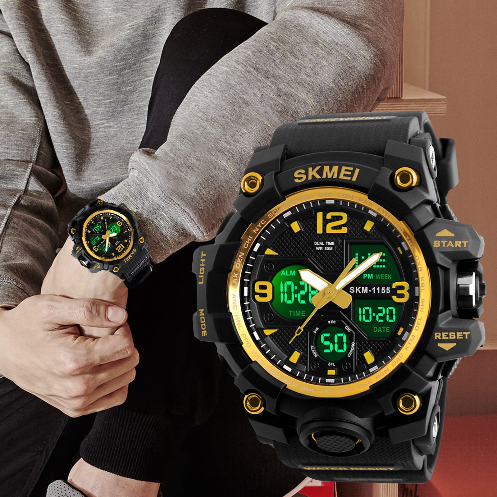 SKMEI Men's Digital Sports Watch, Large Face Military Style LED Display with Alarm and Stopwatch (Gold, 1.97 in) wu4s2