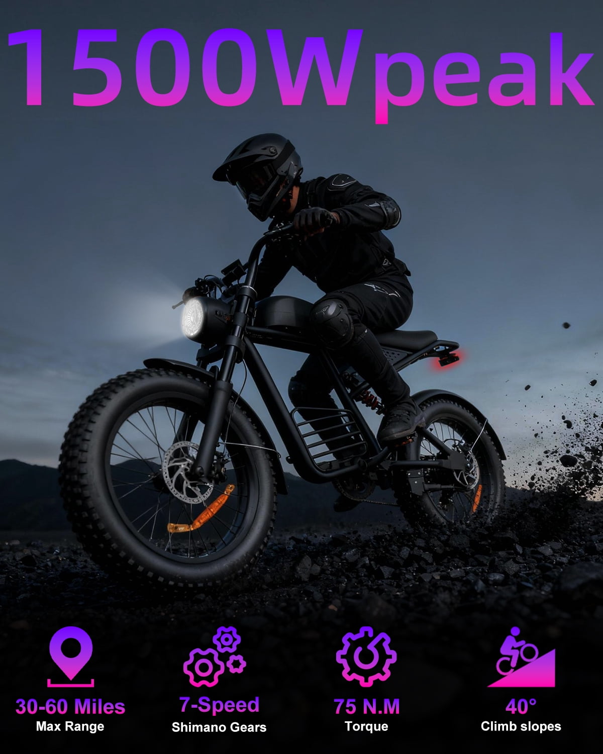 FLIWIN Electric Mountain Bike for Adults, 750W Motor, 20 in x 4 in Fat Tires, Full Suspension, Long Range (Black, 48V) rxbmz