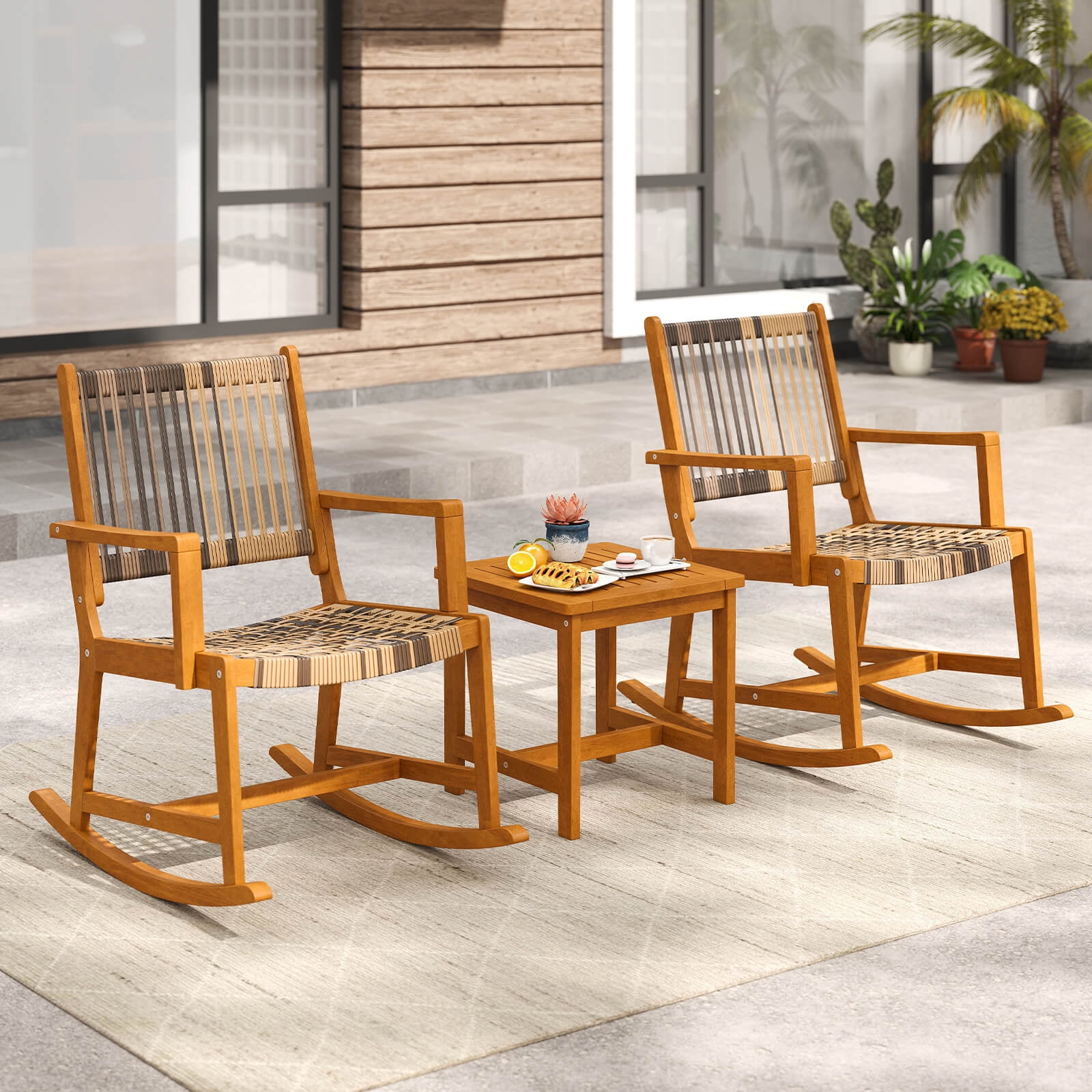 Costway 3 Piece Patio Rocking Bistro Set with Rattan Chairs and Square Side Table (Brown, 3 Piece Set) z81pt