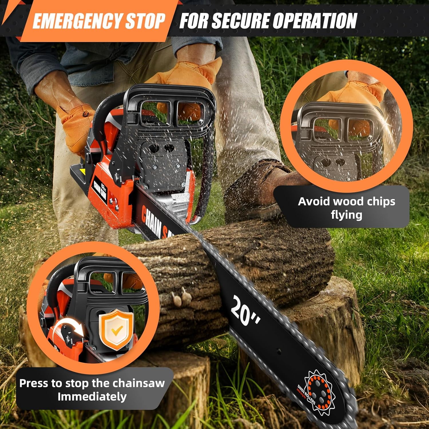 Datingday 62cc Gas Chainsaw, 3.5HP Professional Handheld Power Tool with Anti-Vibration & Quick-Stop Brake (Orange, 14 lb) 2sgpy