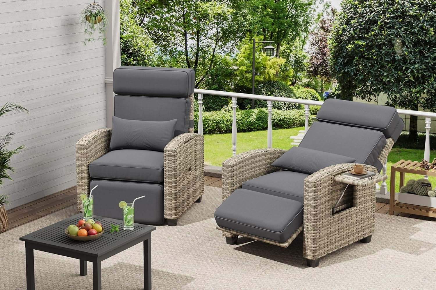 Homhougo Outdoor Rattan Recliner Chair Set (2-Piece, Grey, Adjustable 150° Lay Flat Lounge with Side Table) l8vku