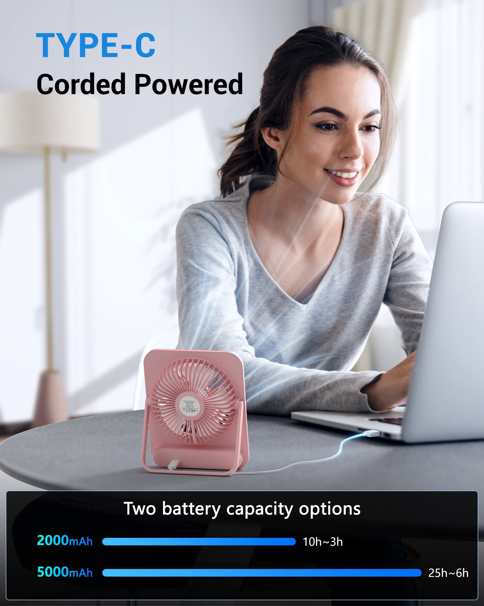 Kidsjoy Portable Desk Fan, USB Rechargeable Personal Fan with LED Power Display, 100-Speed Adjustable Airflow, 180° Tilt Folding Design (Pink, 1.57 x 6.88 x 5.71 in) tum9a