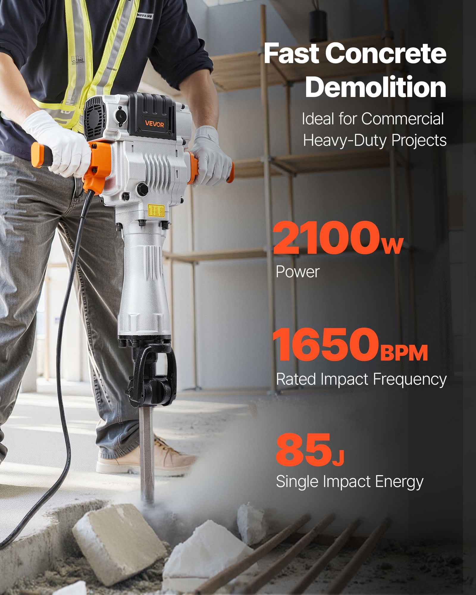 VEVOR Electric Demolition Jack Hammer, Heavy-Duty Concrete Breaker with 4 Chisels and Hand Trolley (2100 W) qf37n