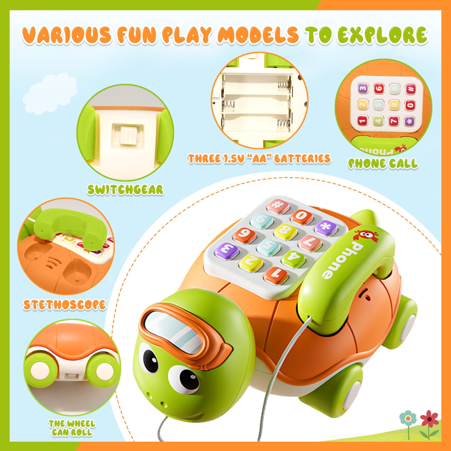 Style-Carry Crawling Turtle Musical Toy, Interactive Educational Learning Activity for Infants (Green, 1 Pack) dbne4