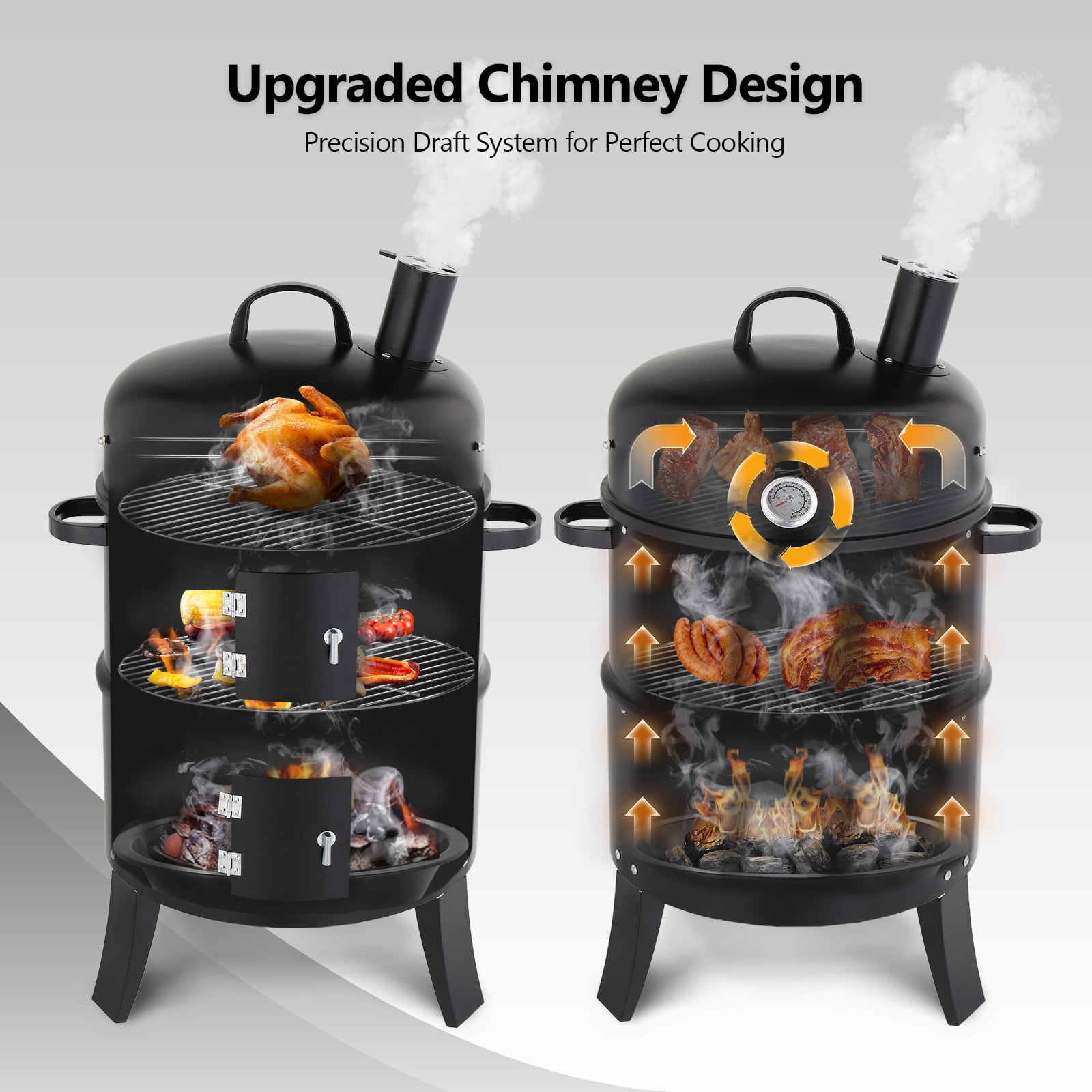 DIANJIE Vertical Meat Smoker, Heavy-Duty Outdoor BBQ Grill with Chimney (Black, 16.9 in x 20.5 in x 33.5 in) c7o04