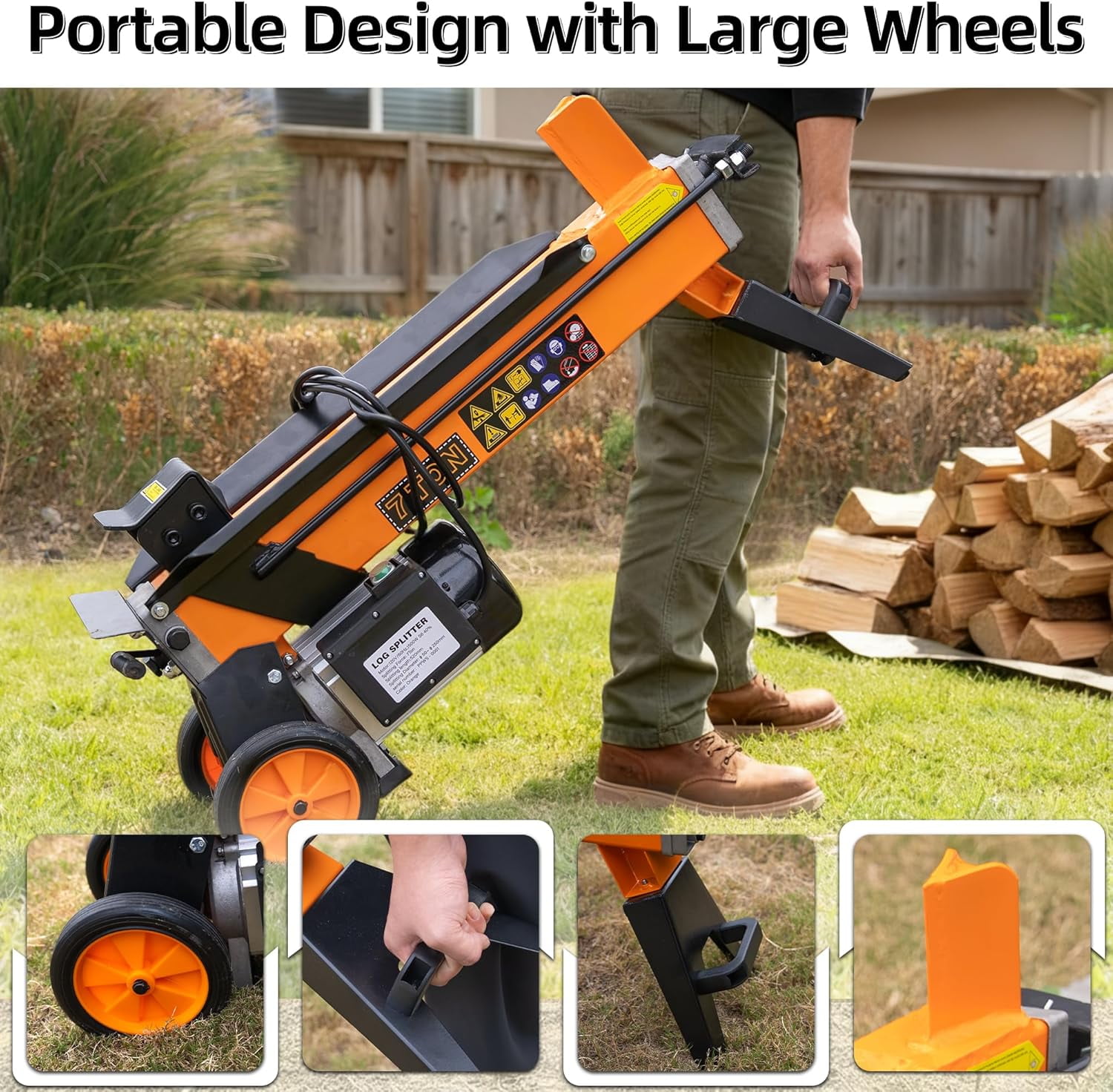 Generic 7 Ton Electric Log Splitter, 15Amp Hydraulic Wood Splitter, Heavy-Duty Horizontal Firewood Processor (Orange, 21.2 in) 649ua