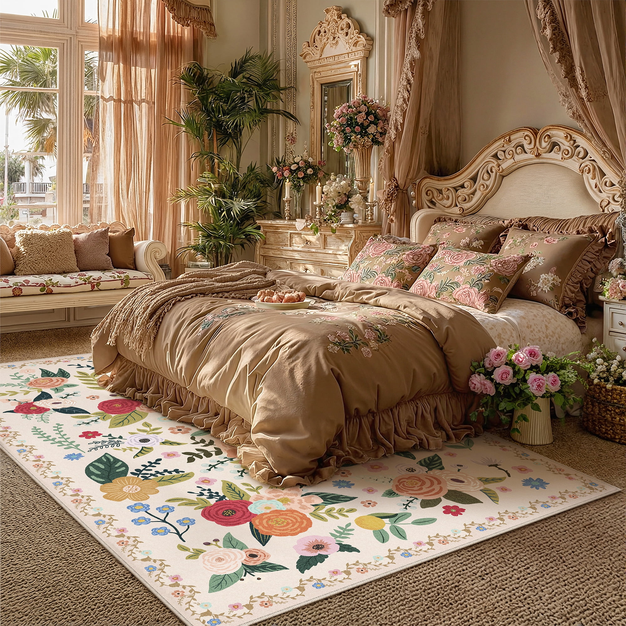 Berthmeer Vintage Floral Area Rug, Non-Slip Oriental Carpet for Living Room and Bedroom (Beige, 8 ft x 10 ft) mojfm