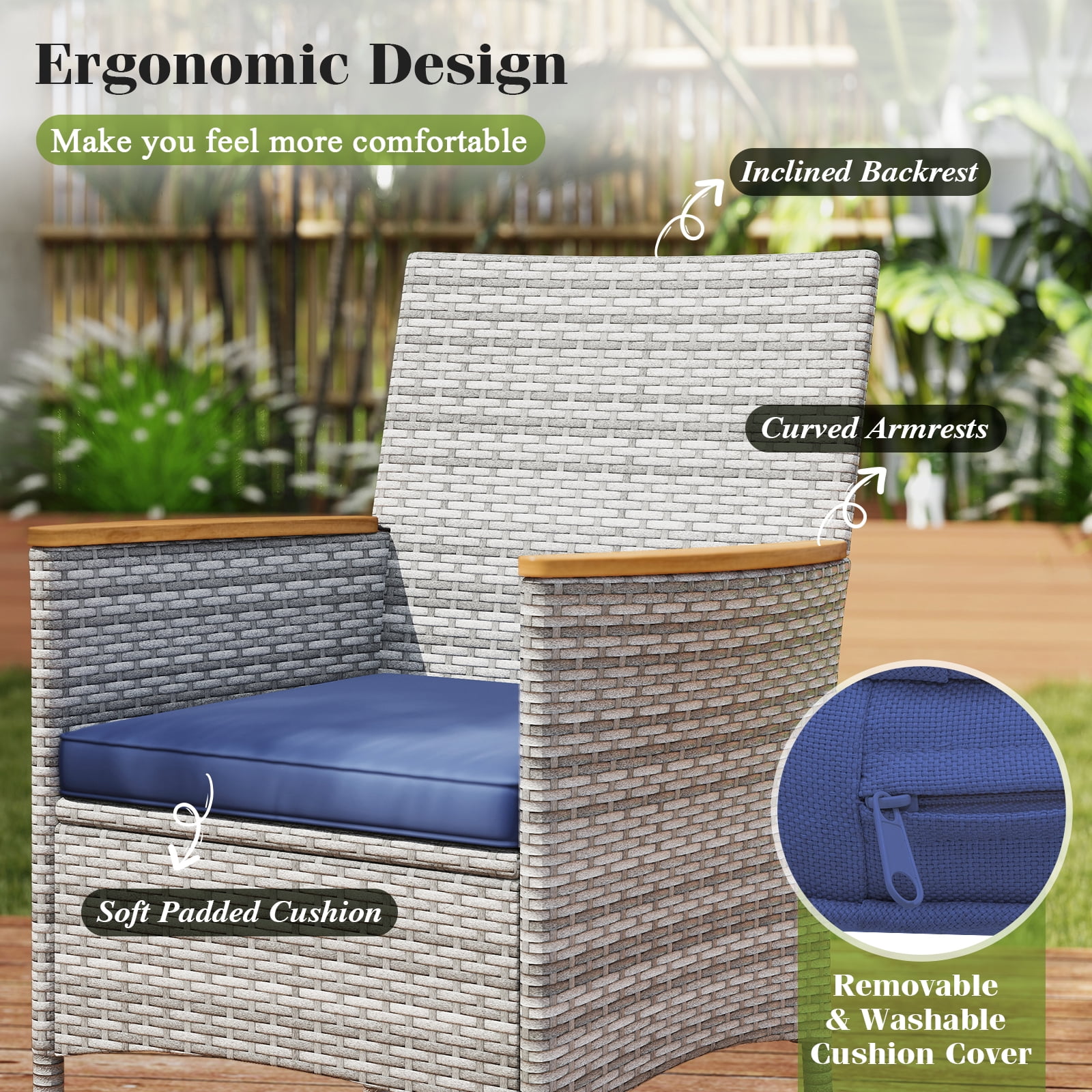 Gymax 9-Piece Patio PE Wicker Dining Set with Acacia Wood Table and Cushioned Chairs (Navy, 9-Piece Set) xmgz5
