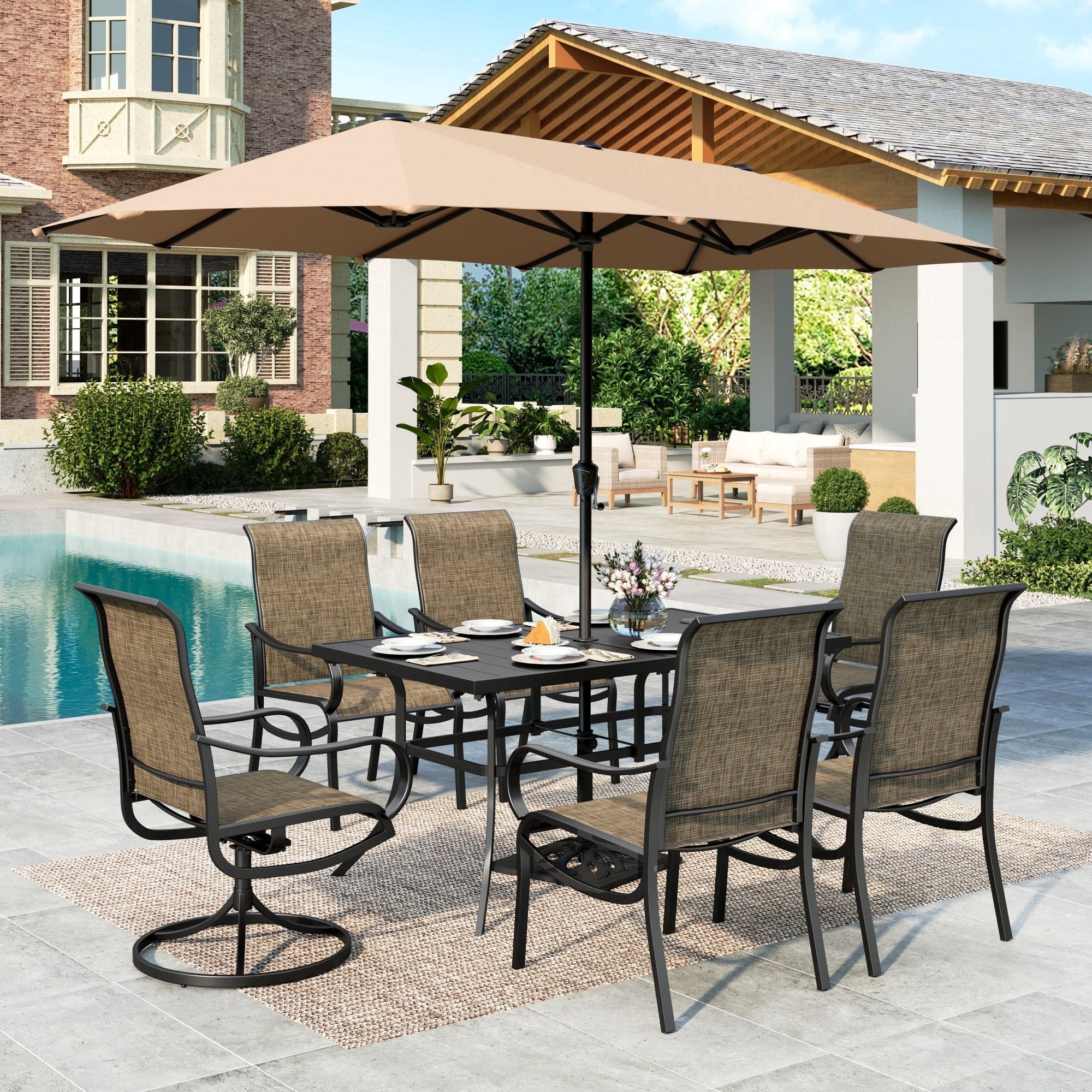 MF Studio 8-Piece Outdoor Patio Dining Set with 13ft Umbrella and 59 in Metal Table (Beige, 8-Piece Set) 5vx29