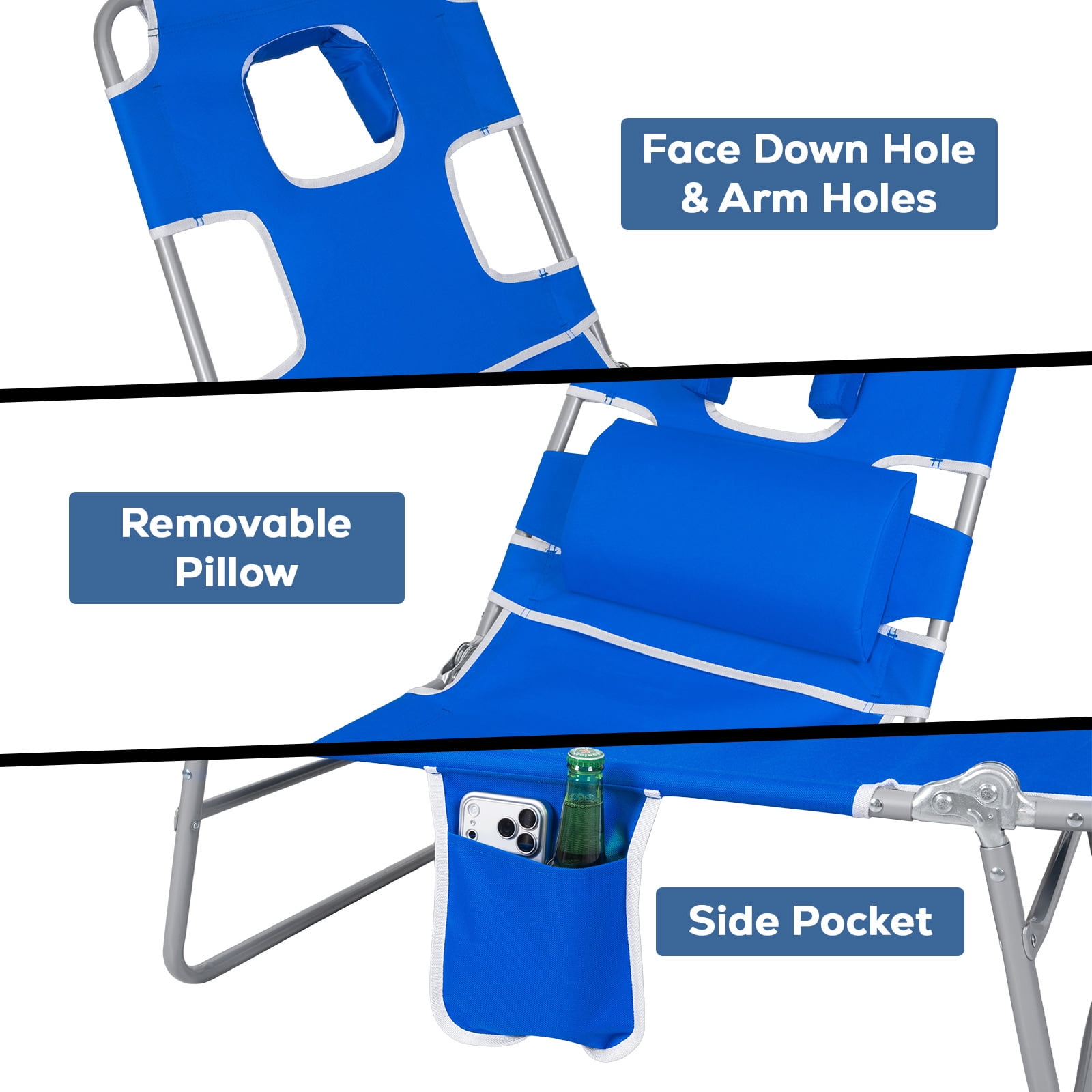 SUNSPIRE Folding Beach Lounge Chair with Canopy, Portable Reclining Sun Lounger with Face Hole and Side Pocket (Blue) e7mk6