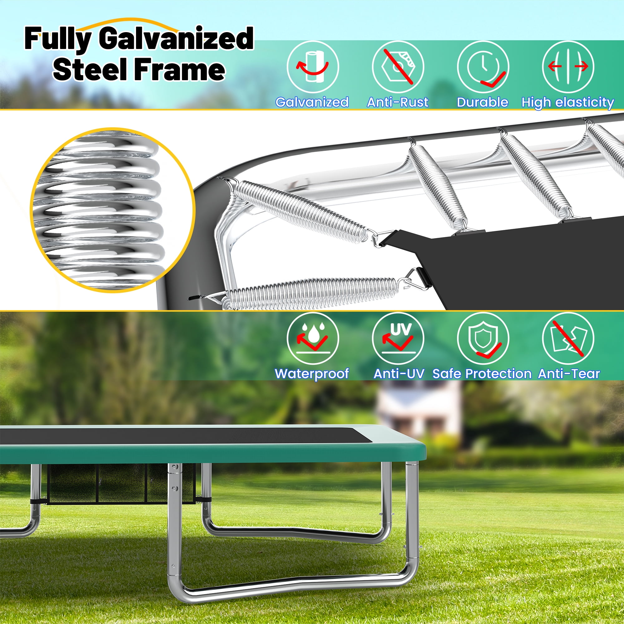 Mersco 4-in-1 Rectangular Trampoline with Swing Set and Enclosure Net (Green, 10 ft x 16 ft) 5k7pn