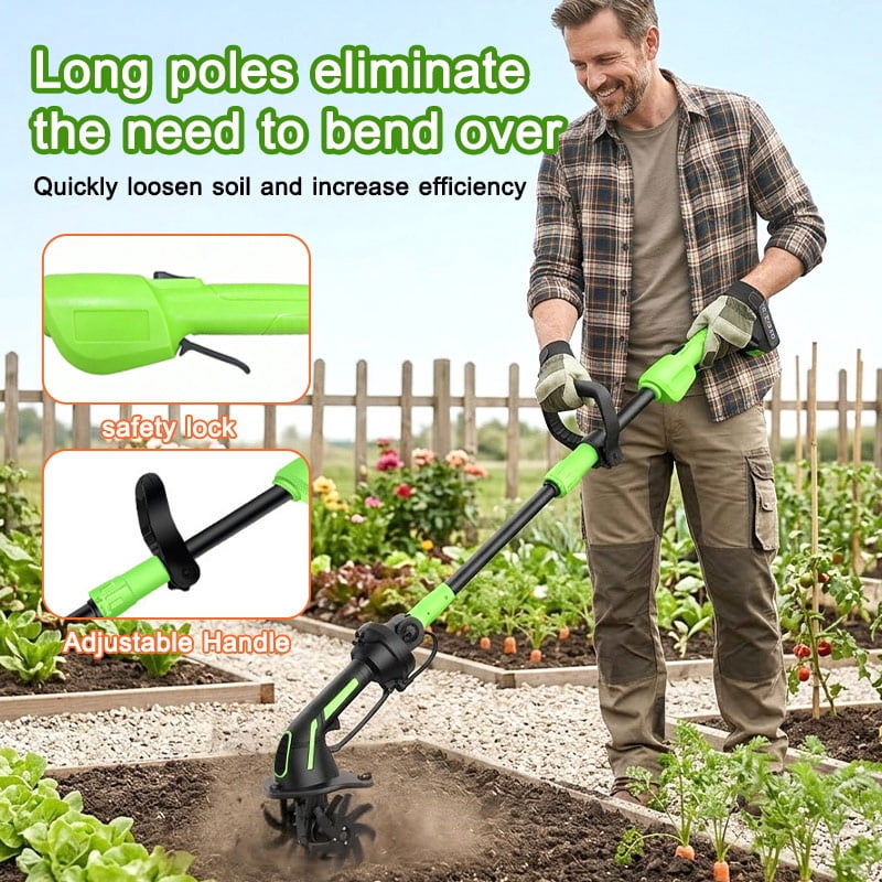 iToolMax 24V Cordless Electric Tiller Cultivator, Lightweight Garden Soil Tiller with Extension Rod, 2 Batteries & Charger (4 in Width, 51 in Length) pt2v9