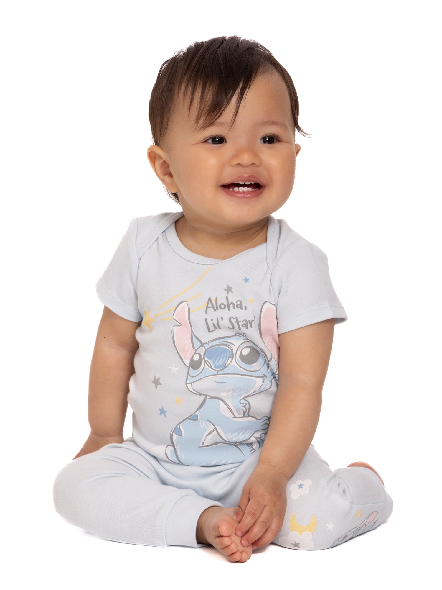 Lilo & Stitch Baby Bodysuit Set, Soft Cotton Blend Short Sleeve Rompers (Blue, 3-Pack) qr5sm