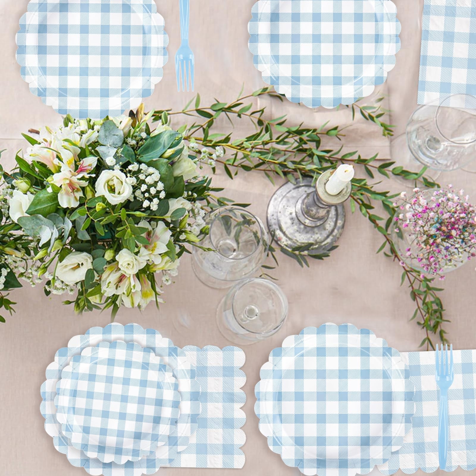Gingham Party Supplies Disposable Scalloped Plate and Napkin Set (Light Pink, 100 Piece) dpszd