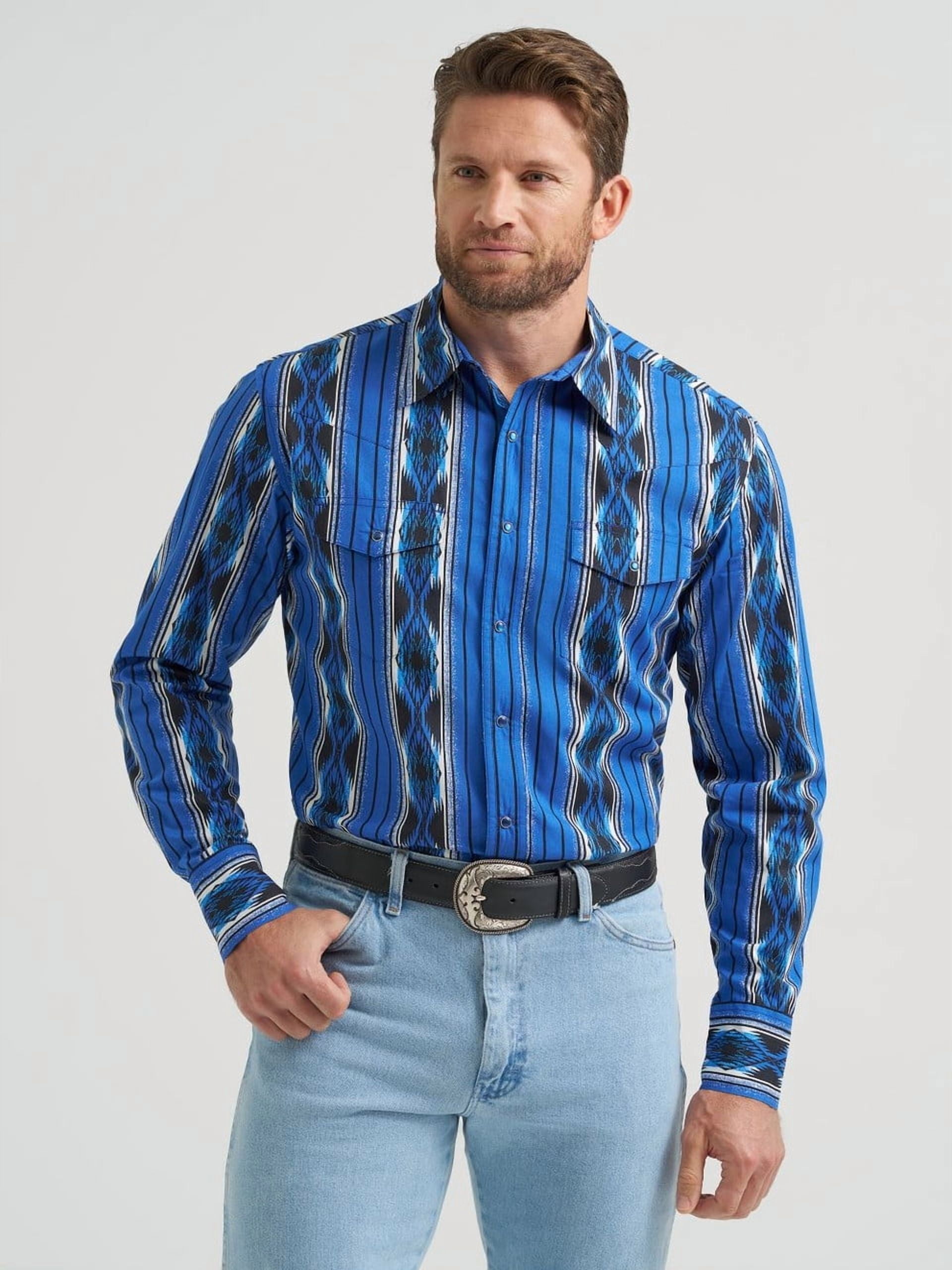 Wrangler Checotah Western Shirt Long Sleeve Button Down (Blue, M) 4mokr