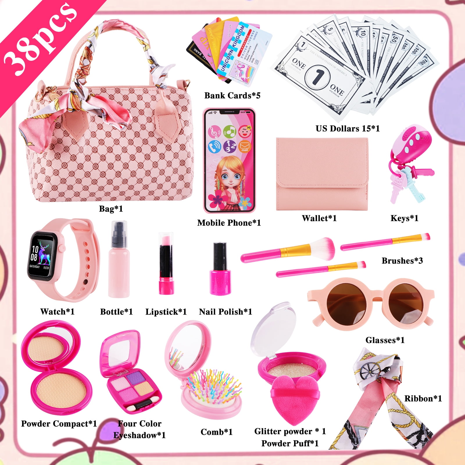 TiokMc Pretend Play Purse Set for Girls, 38-Piece Toddler Handbag with Makeup Toys and Accessories (Pink, 1.01 lb) 0741z