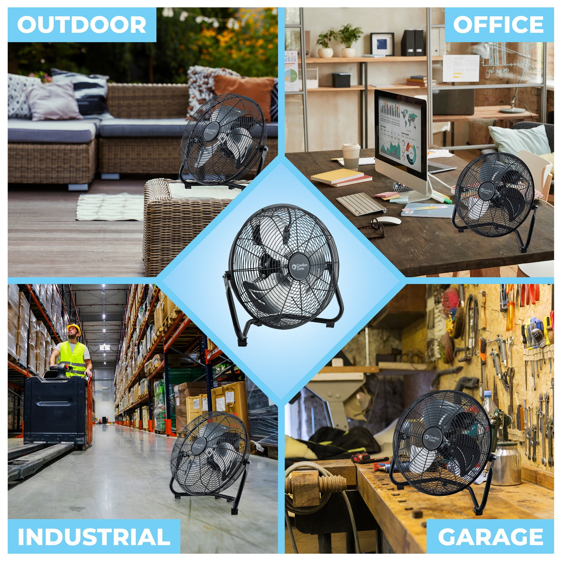 Comfort Zone 12 in. All-Metal Floor or Desk Fan (Black, 12 in) 1x6wd
